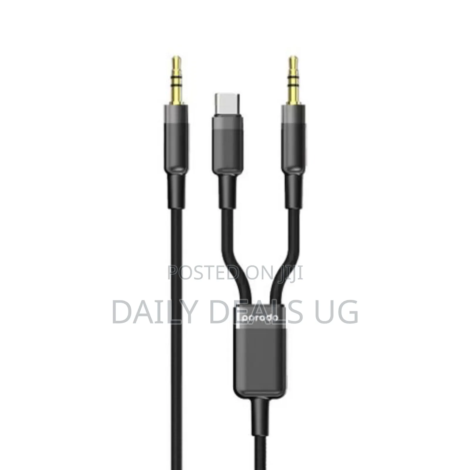 Porodo 2 in 1 Aux 3.5 to 3.5+Typec, 1.2m Cable- Black