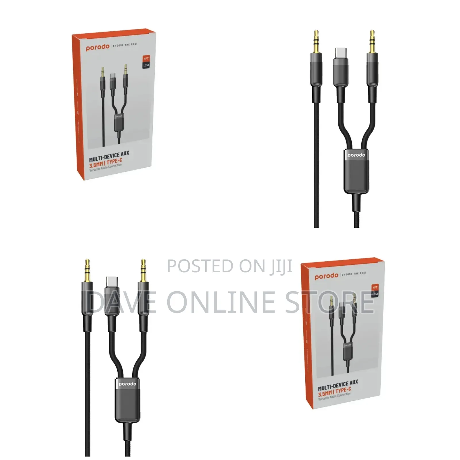 Porodo 2in1 Aux 3.5 to 3.5+Typec Cable 1.2m - Black