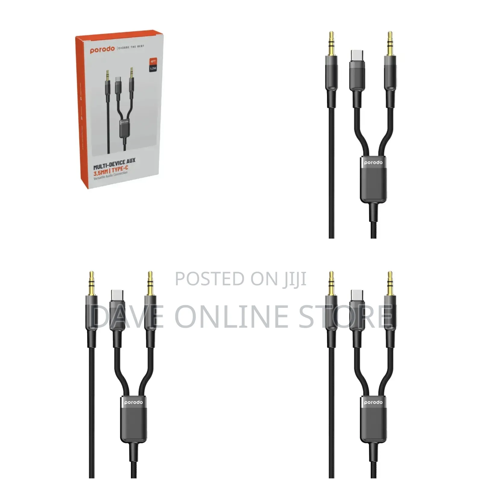 Porodo 2in1 Aux 3.5 to 3.5+Typec Cable 1.2m - Black