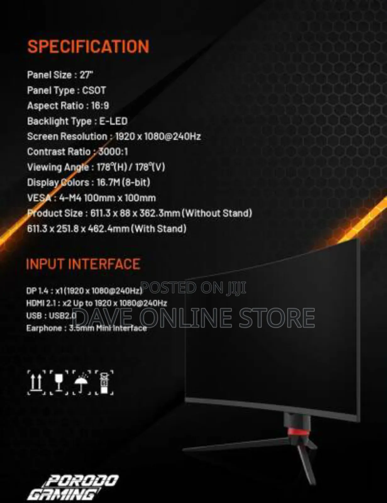 Porodo 27" Curved Gaming Monitor With 240hz Refresh Rate