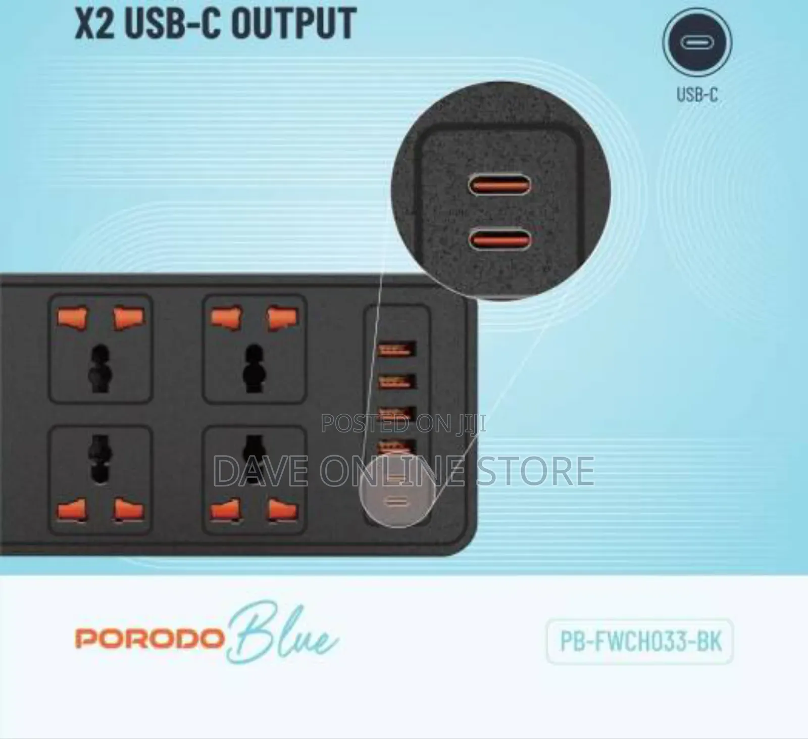 Porodo Blue Universal 6 Ac Power Socket 3000w, - Black