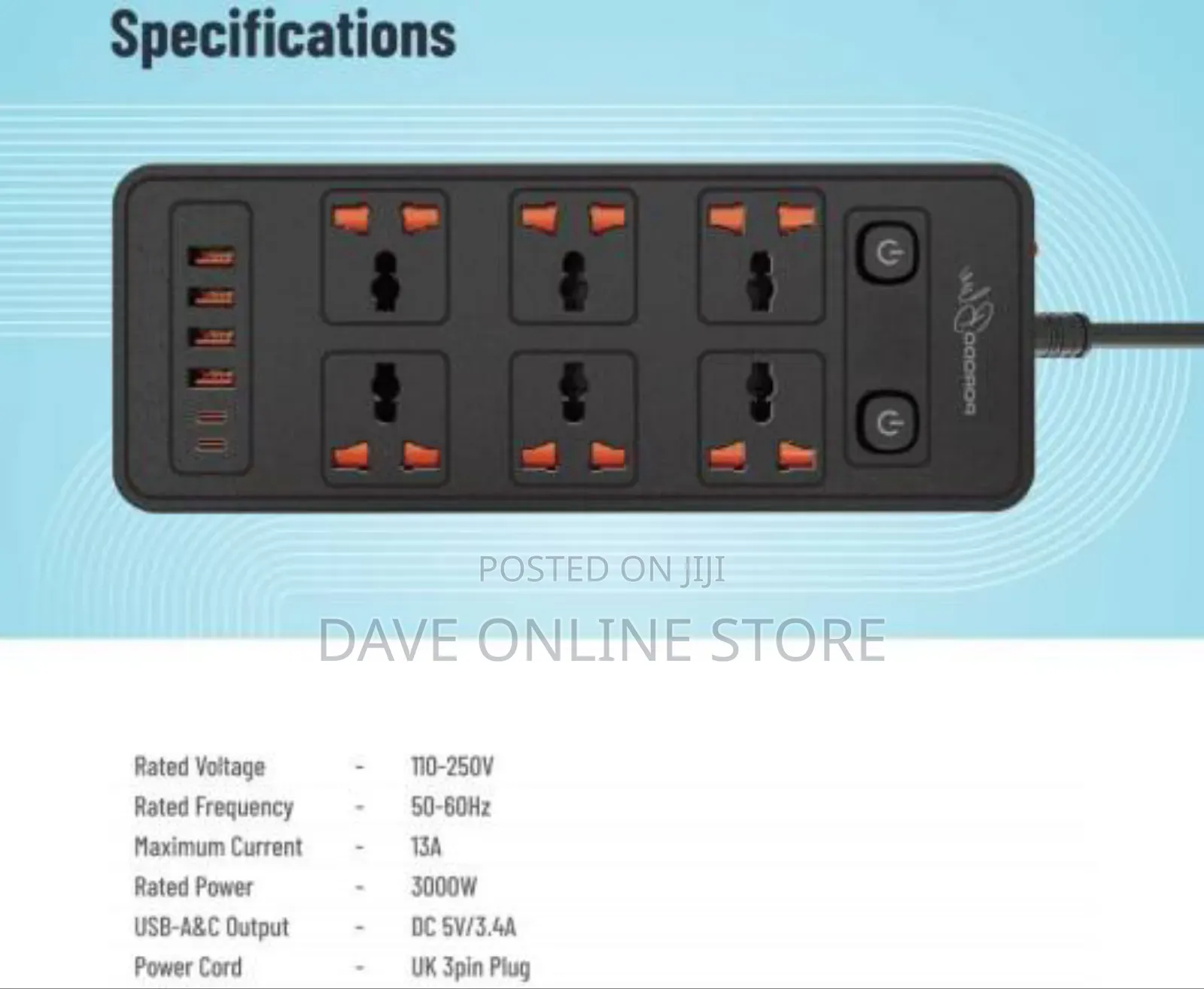 Porodo Blue Universal 6 Ac Power Socket 3000w, - Black