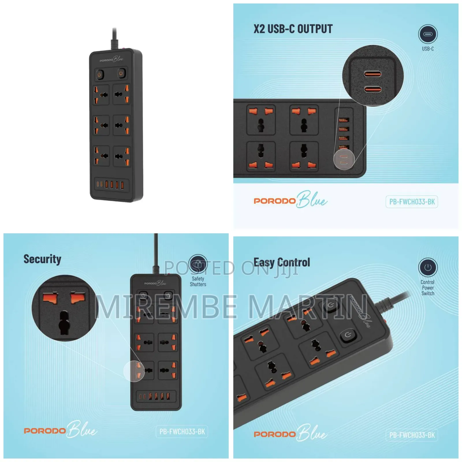 Pb-Fwch003-Bk Porodo Blue 6 Ac - Dual Switch Power Strip