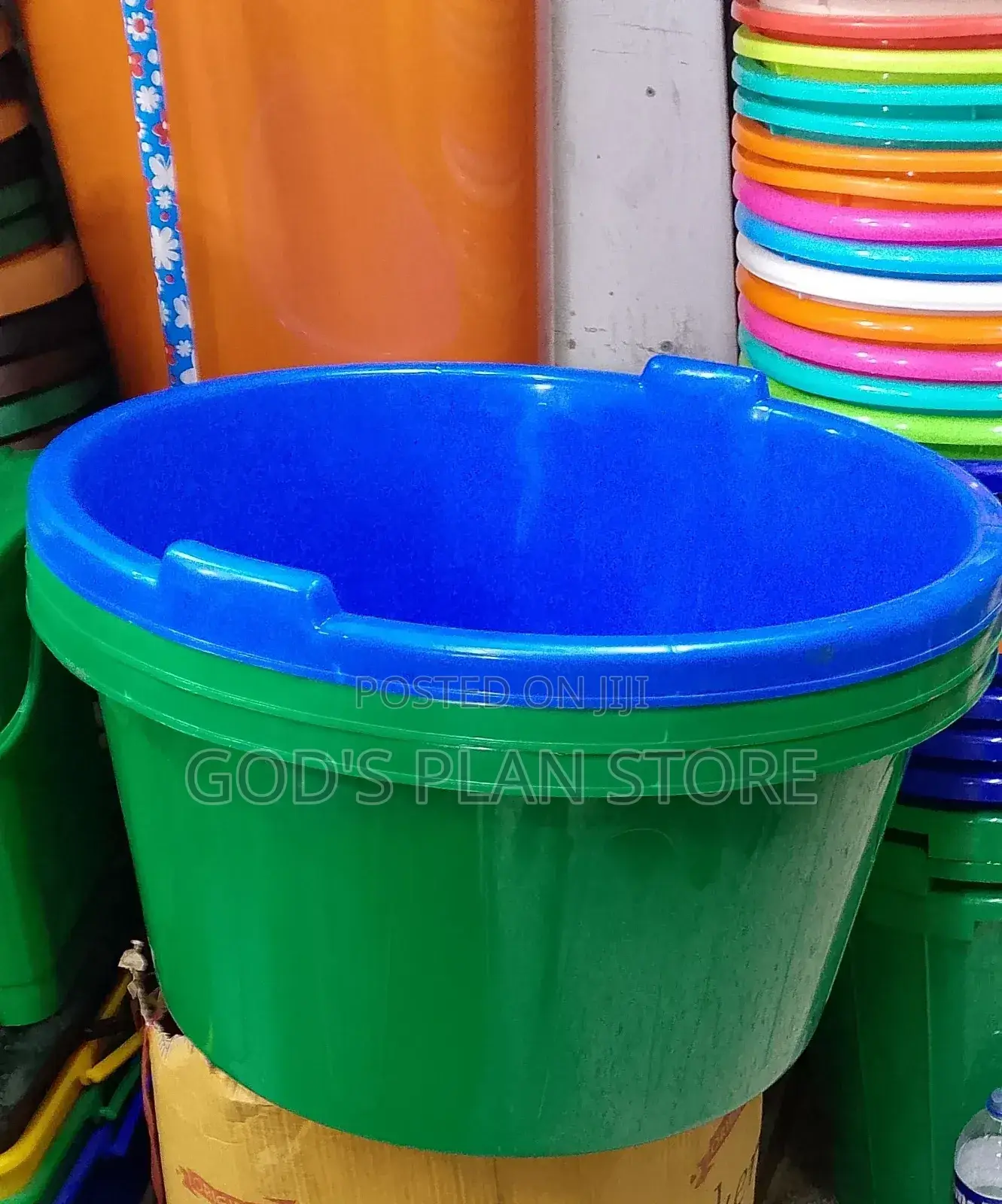 Blue and Green Plastic Basins