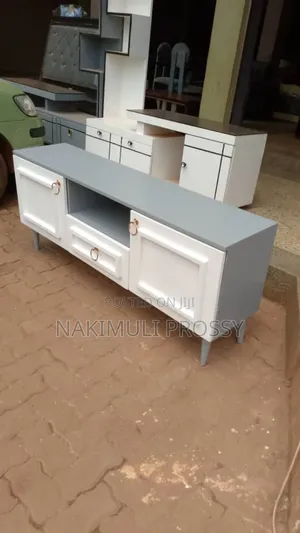 White and Gray Flat Tv Stand With Gold Round Handles