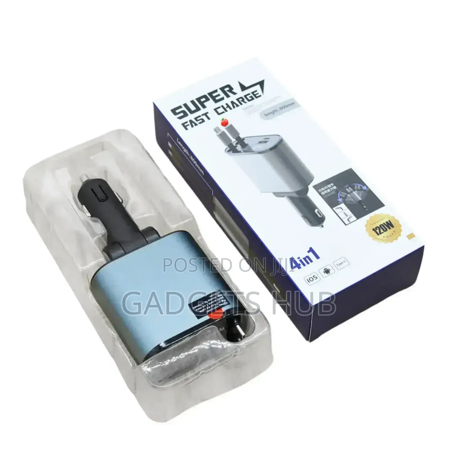 4 in 1 Car Fast Charger for Phone and Type C Retractable
