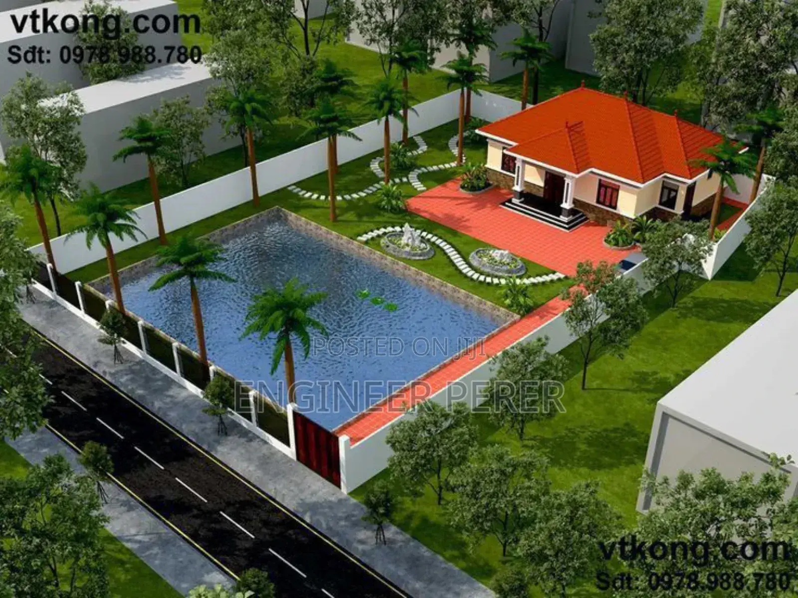 3 Bedrooms House Plan With Swimming Pool Design.