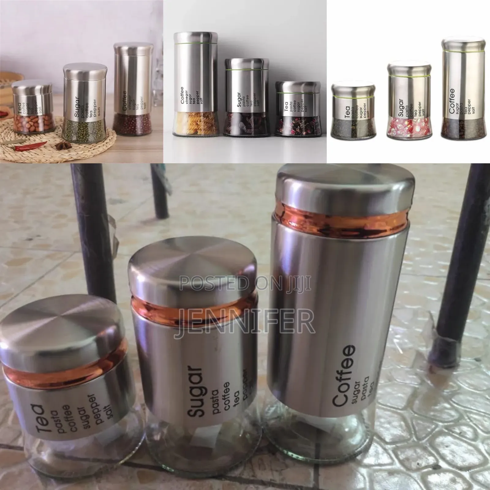 Spice Jars Set of 3, Metal Glass Salt Sugar Spice Jars