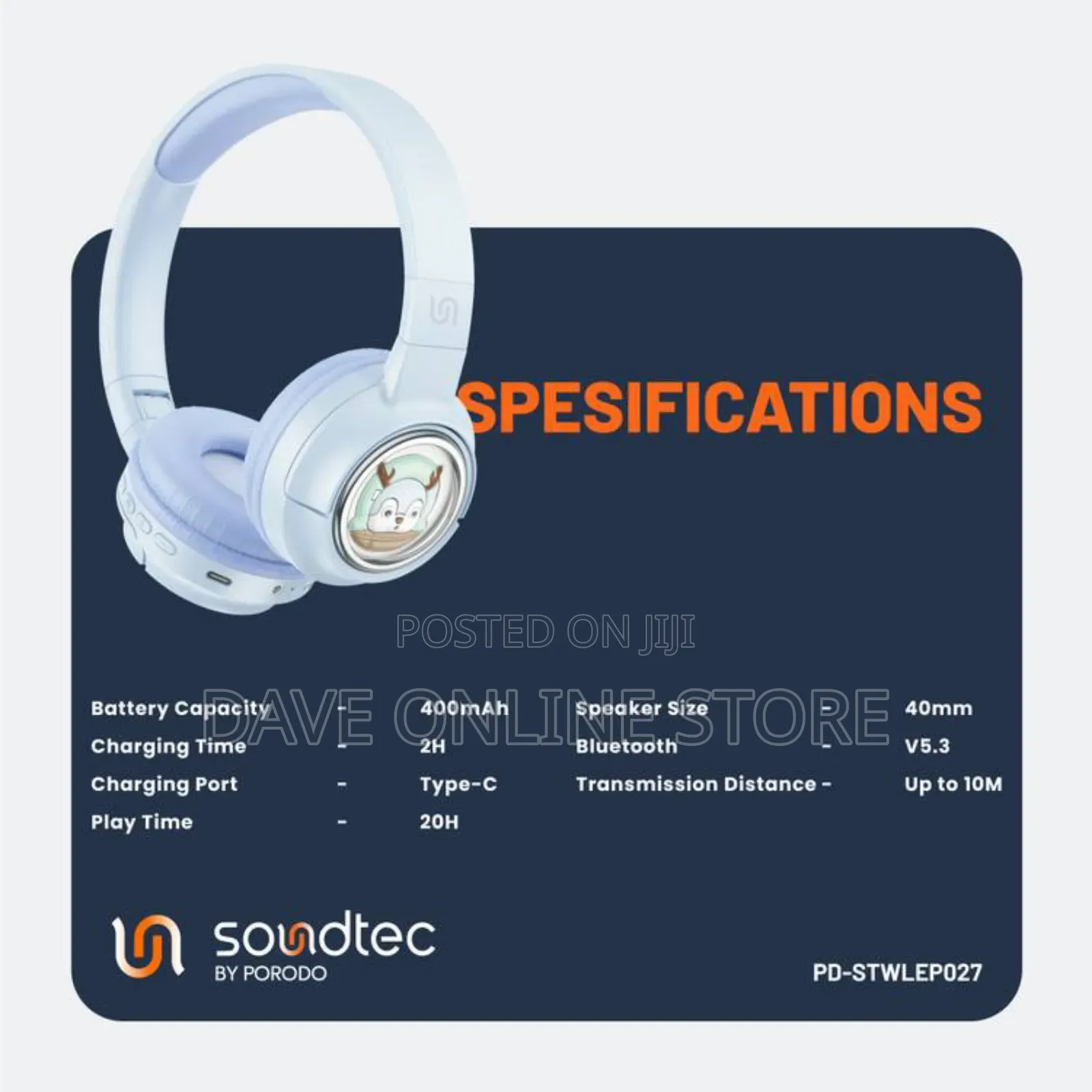 Porodo Soundtec Moose Wireless Kids Headphone, - Blue