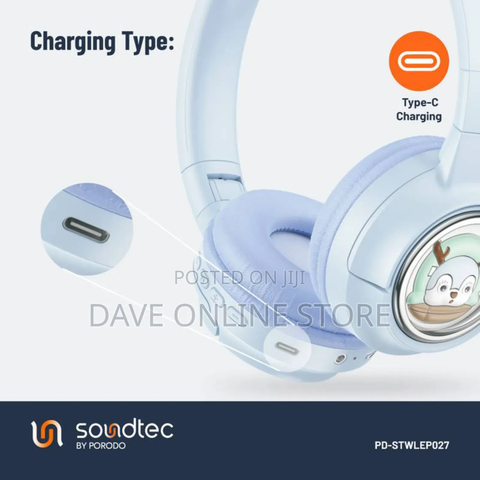Porodo Soundtec Moose Wireless Kids Headphone, - Blue