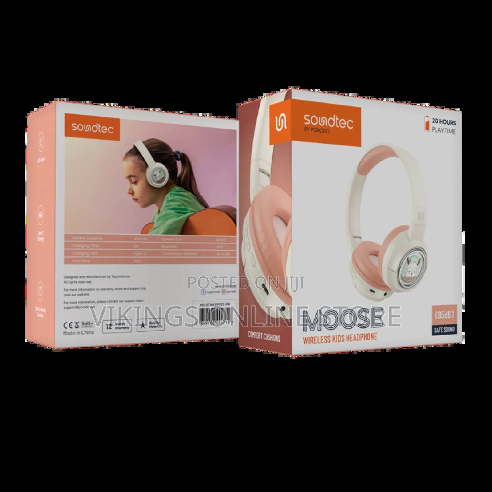 Porodo Soundtec Moose Wireless Kids Headphone, 400mah - Pink