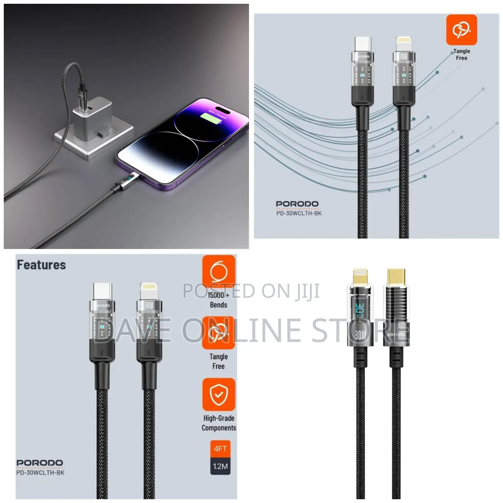 Porodo Transparent Braided Usb-C to Lightning Cable - Black