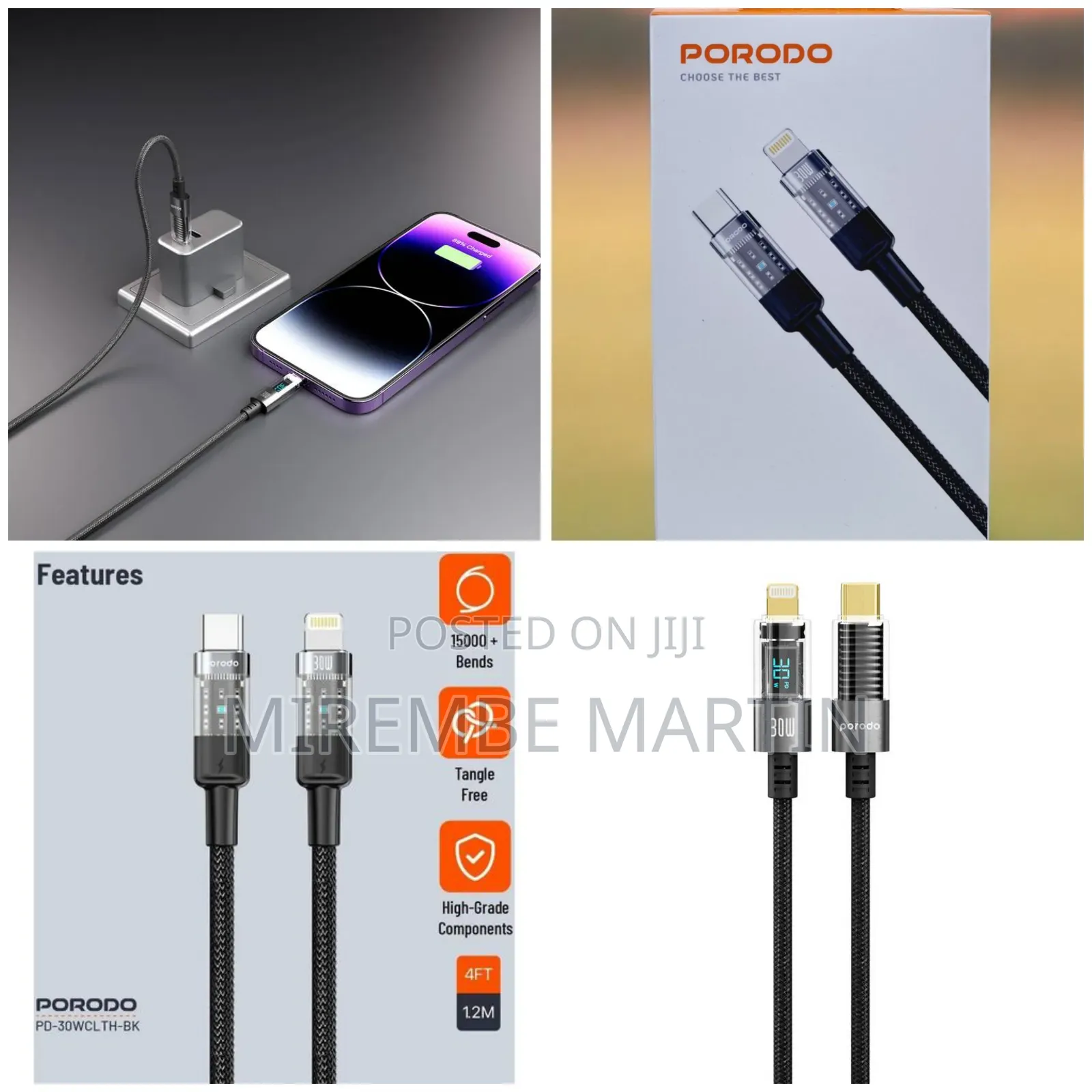 Porodo Braided Transparent Usb C to Lightning 30w Cable