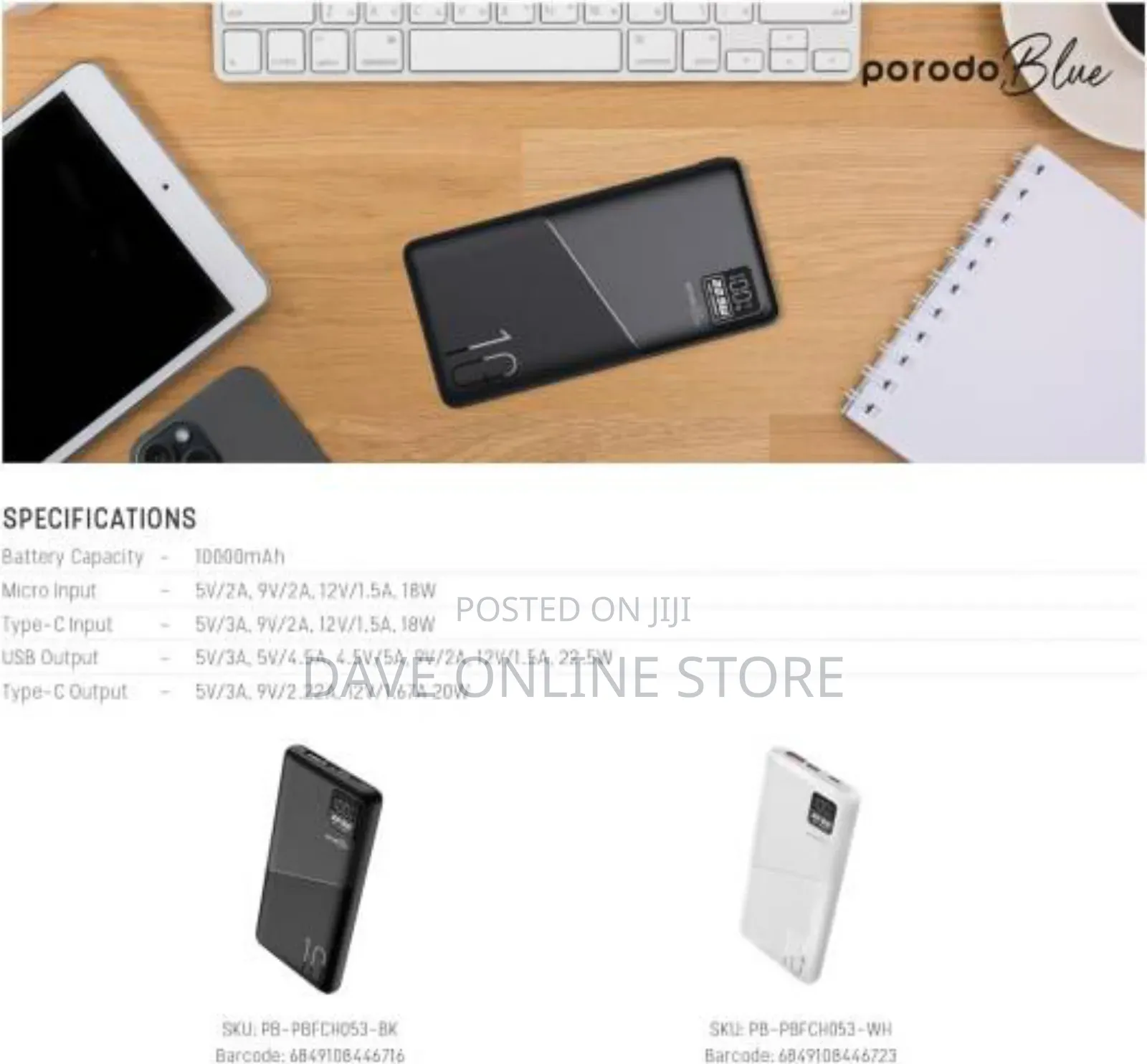 Porodo Blue 10000mah Quick Charger Powerbank Usb-a (Black)