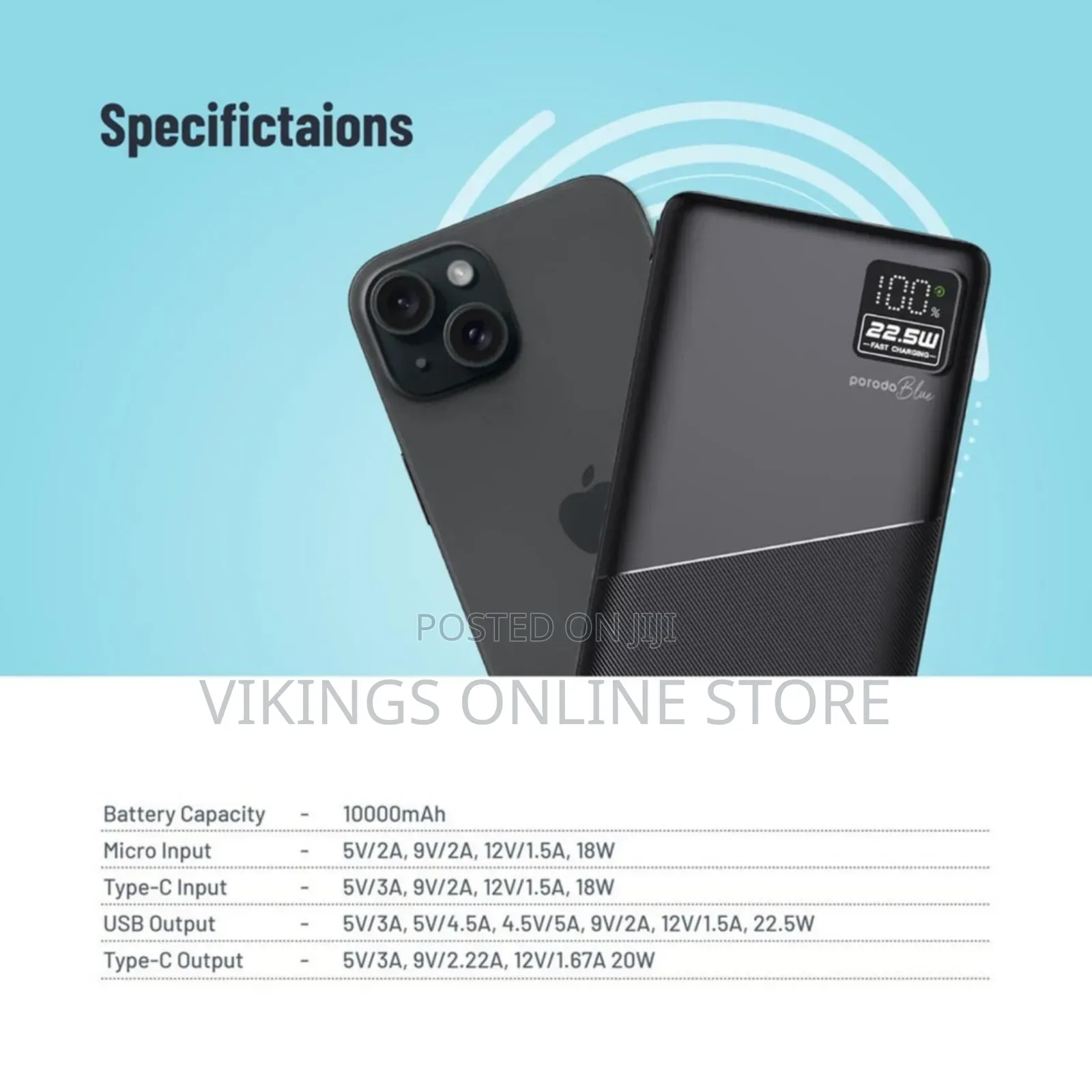 Porodo Blue Quick Charge Power Bank 10000mah Black
