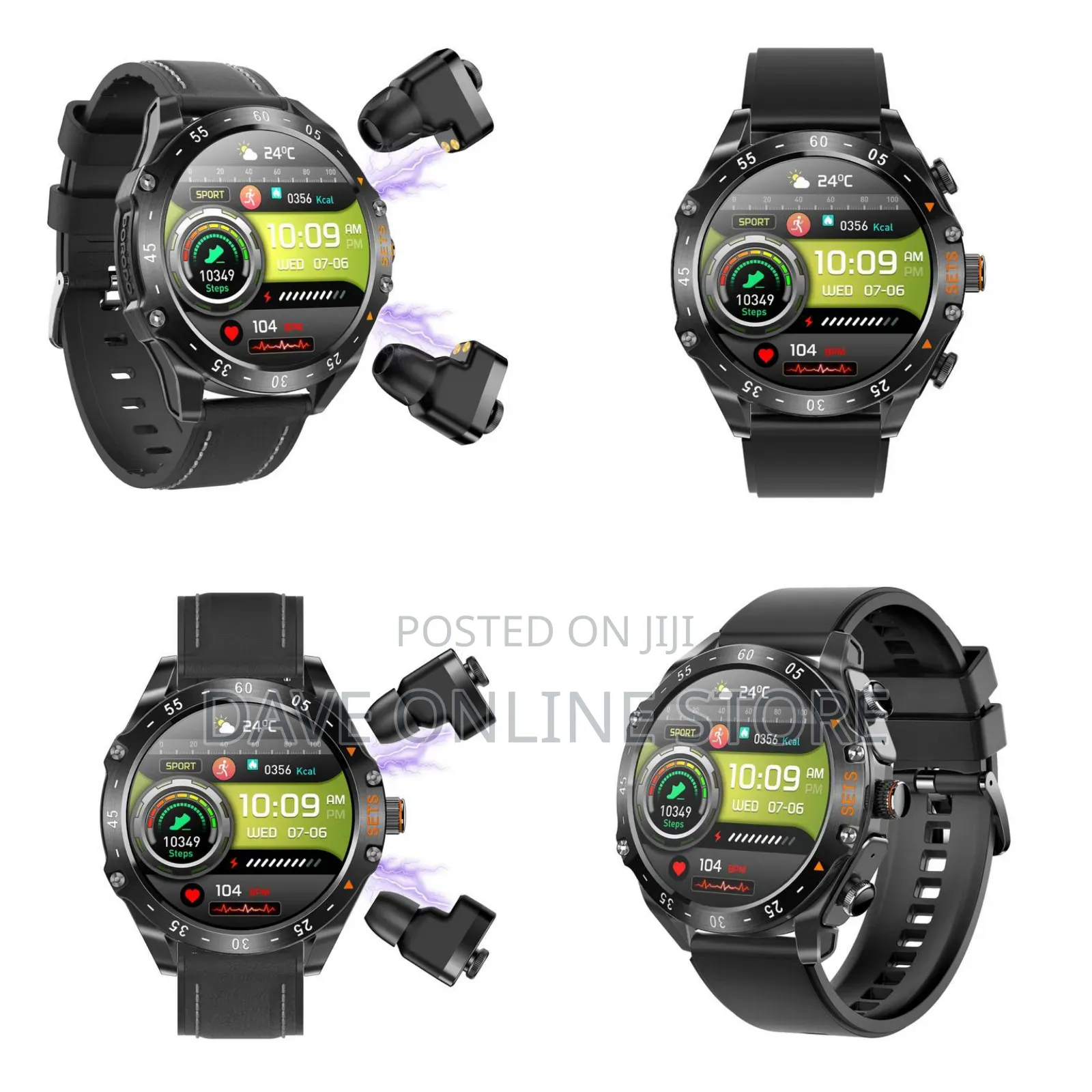 Porodo Hype Smart Watch With Earbuds and Black Leather Band