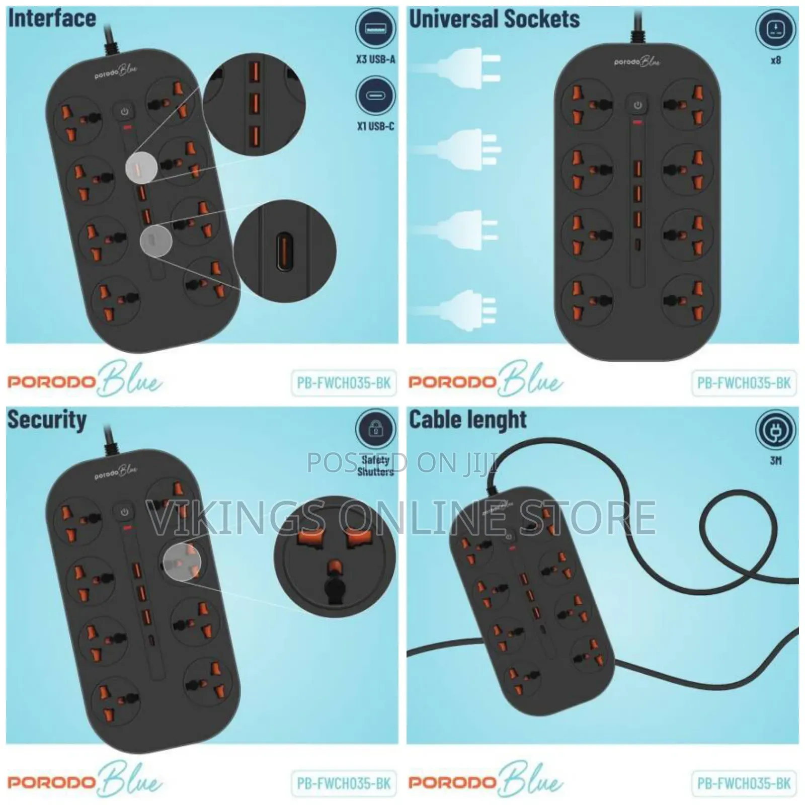 Porodo Blue 8 Ac Power Strip Pb-Fwch035-