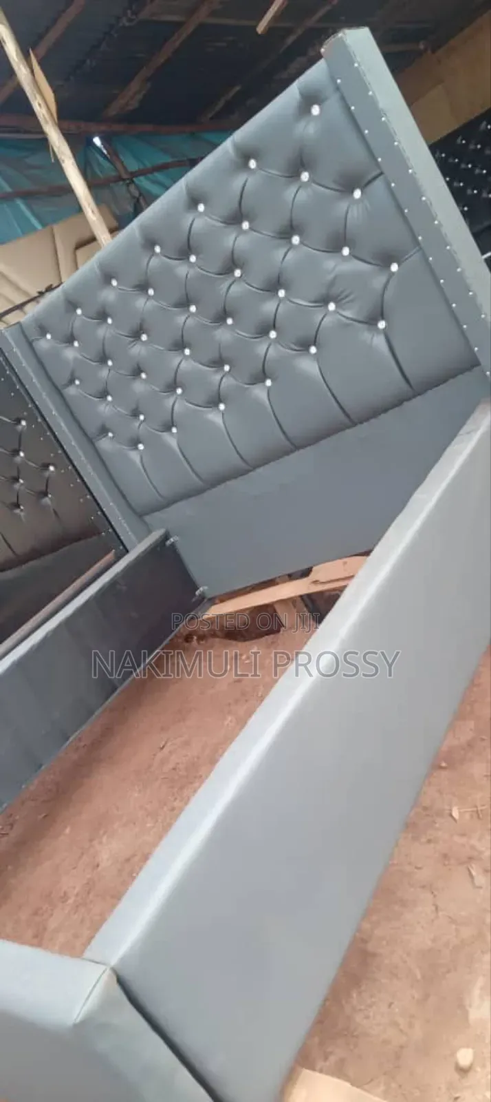 5by6 Tufted Gray Leather Bed With White Buttons