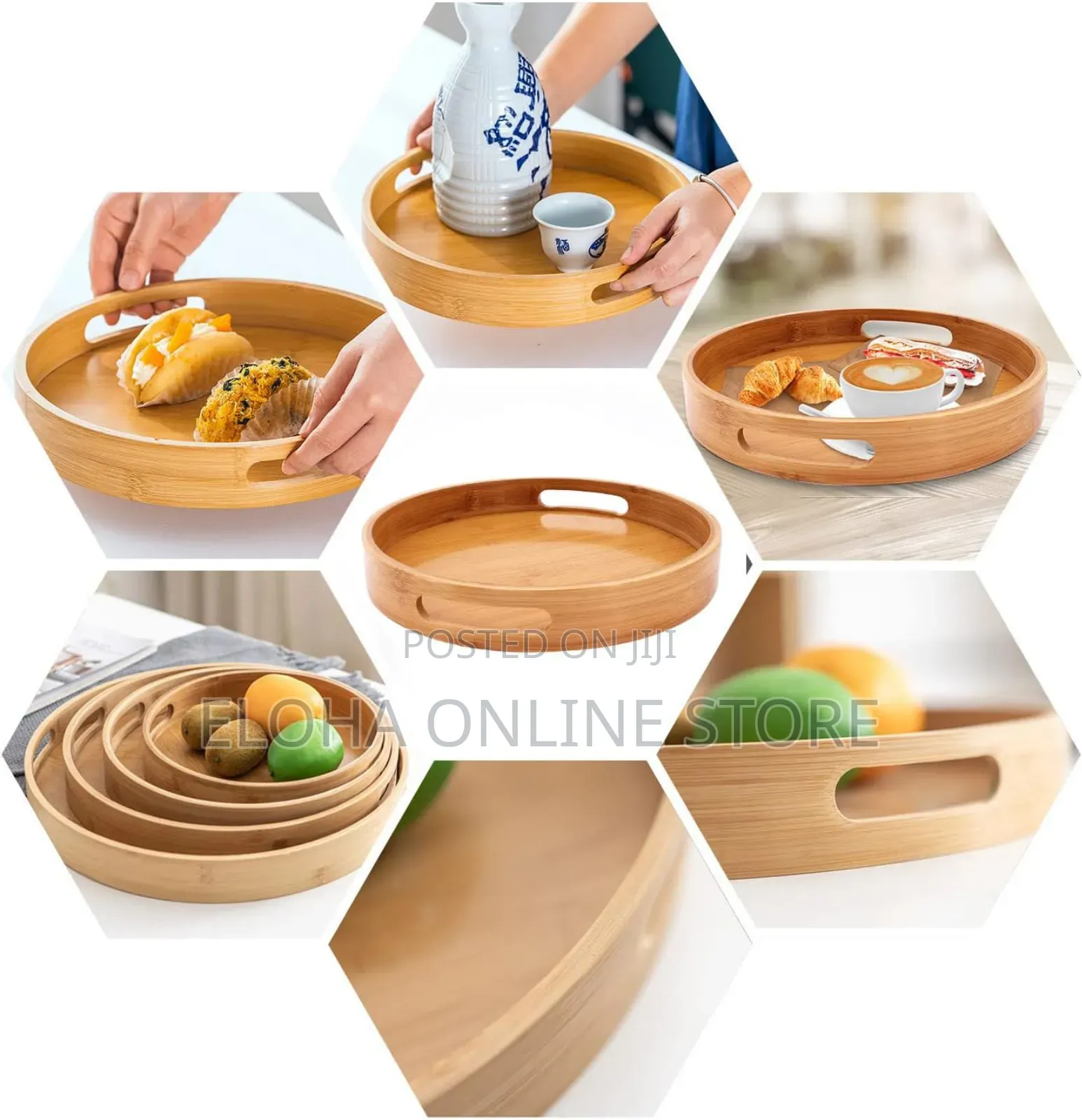 Bamboo 4pcs Round Wooden Natural Serving Trays