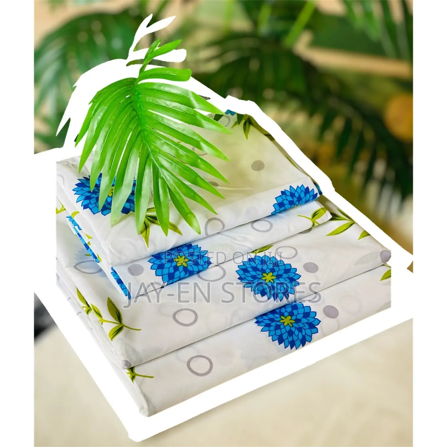 White Cotton Blue Circular Floral Bedsheets