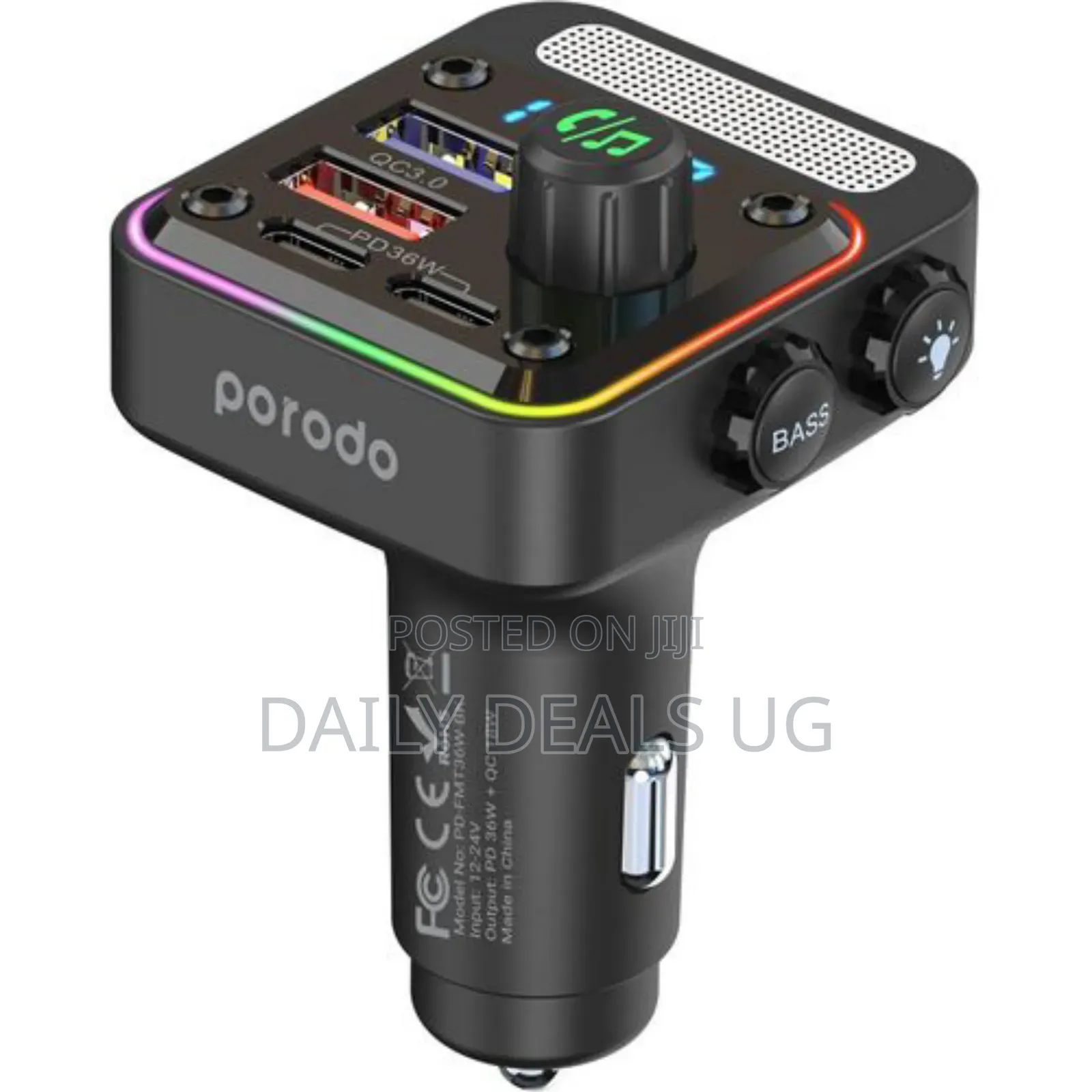 Porodo Quick-Charge Fm Car Charger Dual Usb-C Usb-a- Black