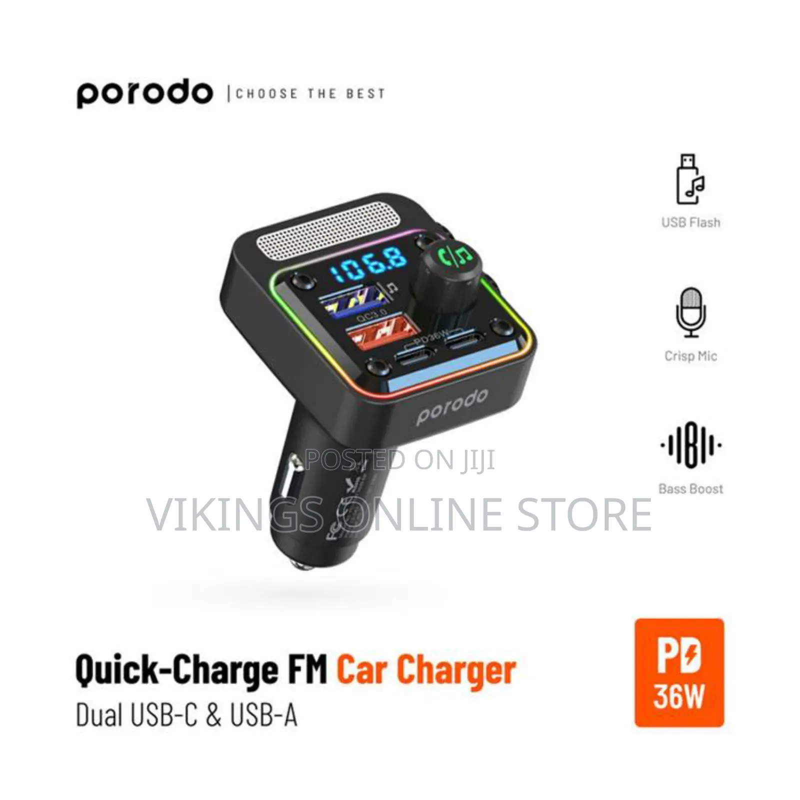Porodo 3-in-1 Fm Car Charger With 36w Power Delivery - Black