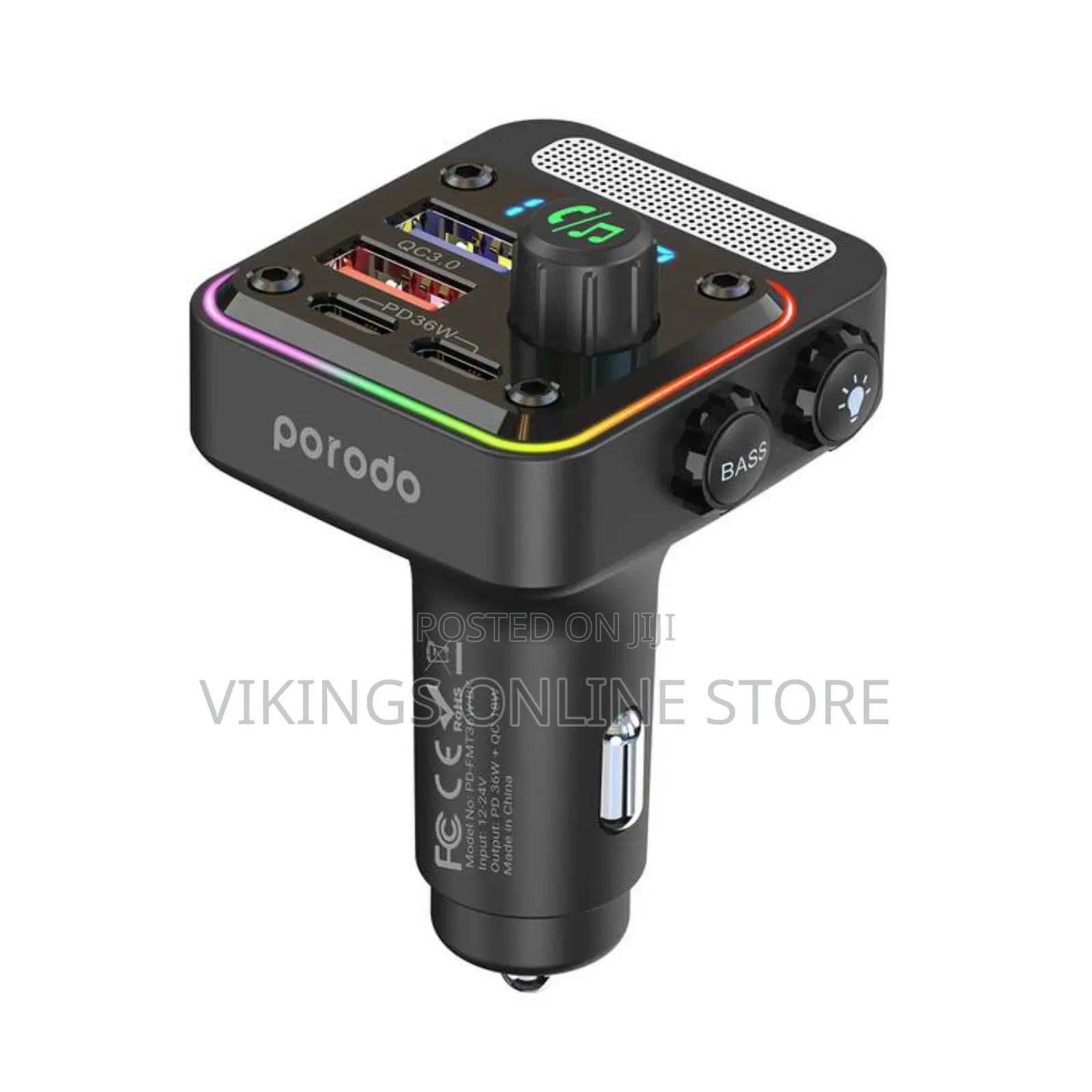 Porodo 3-in-1 Fm Car Charger With 36w Power Delivery - Black