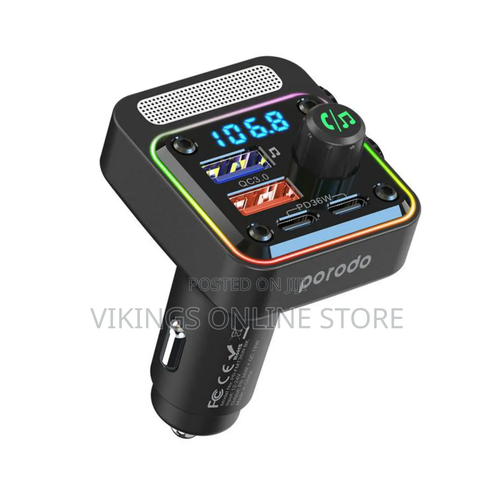 Porodo 3-in-1 Fm Car Charger With 36w Power Delivery - Black