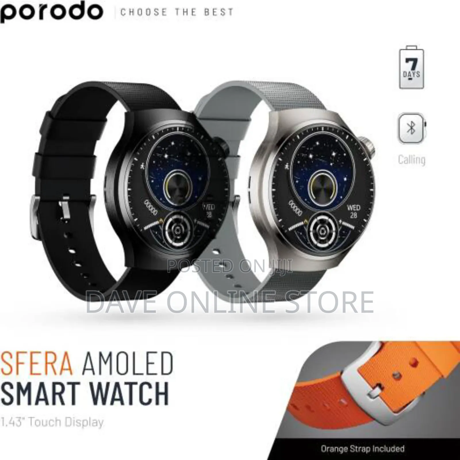 Porodo Sfera Amoled Smart Watch for Men, 1.43" (Silver)