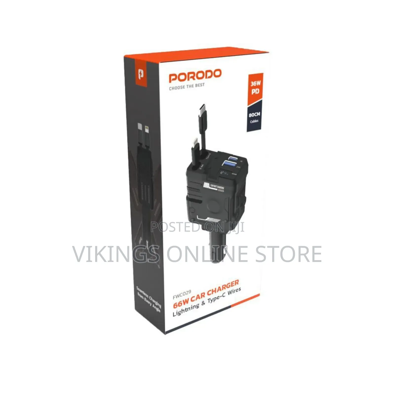 Porodo 66w Car Charger Lightning Type -C Wire