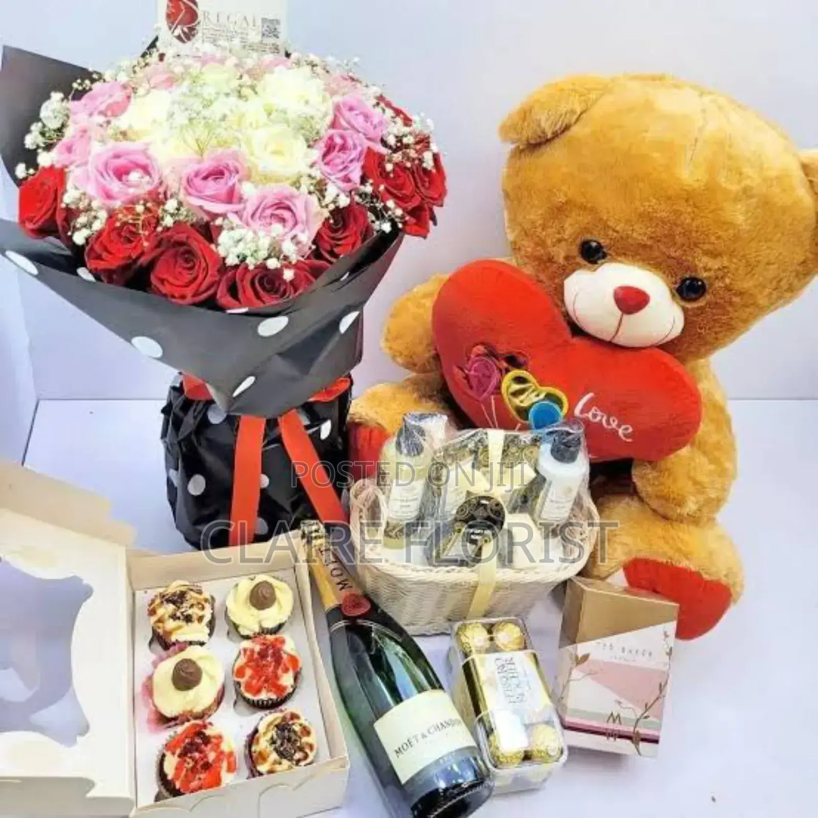 Birthday Rose Bouquets With Teddy Bear and Wine and Queen Cakes