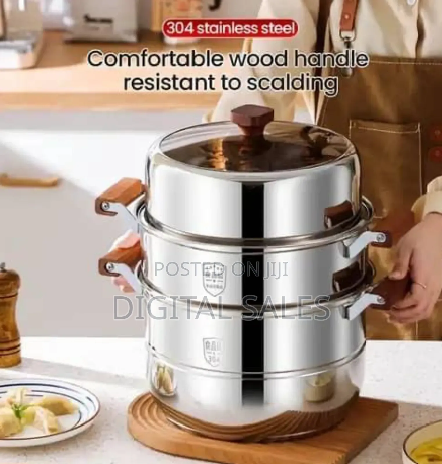 28cm Stainless Steel Food Steamer With Resistant Wood Handle