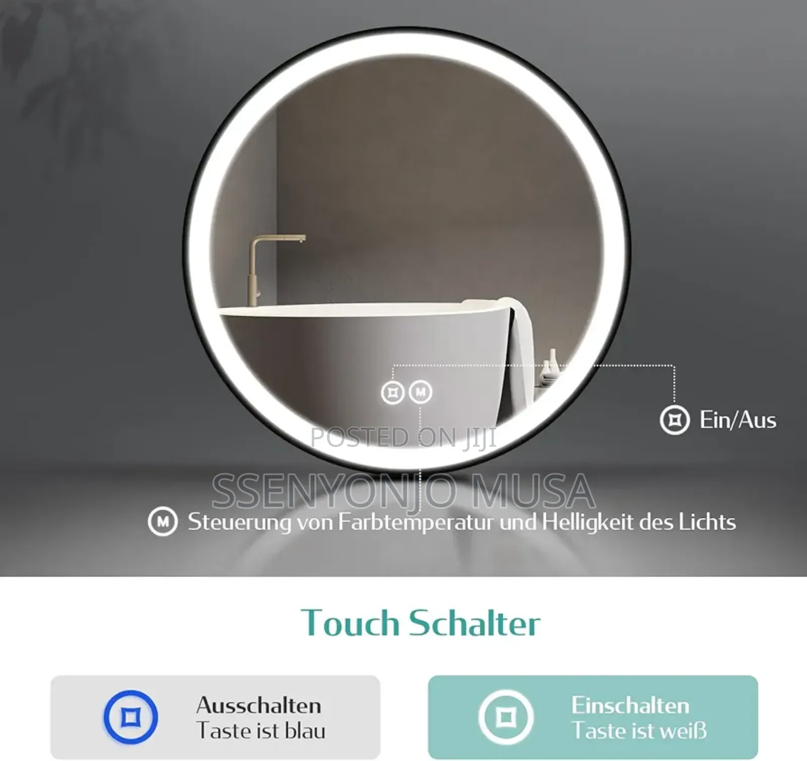 600x600mm Led Bathroom Mirror - Round, Touch Switch, 3 Color
