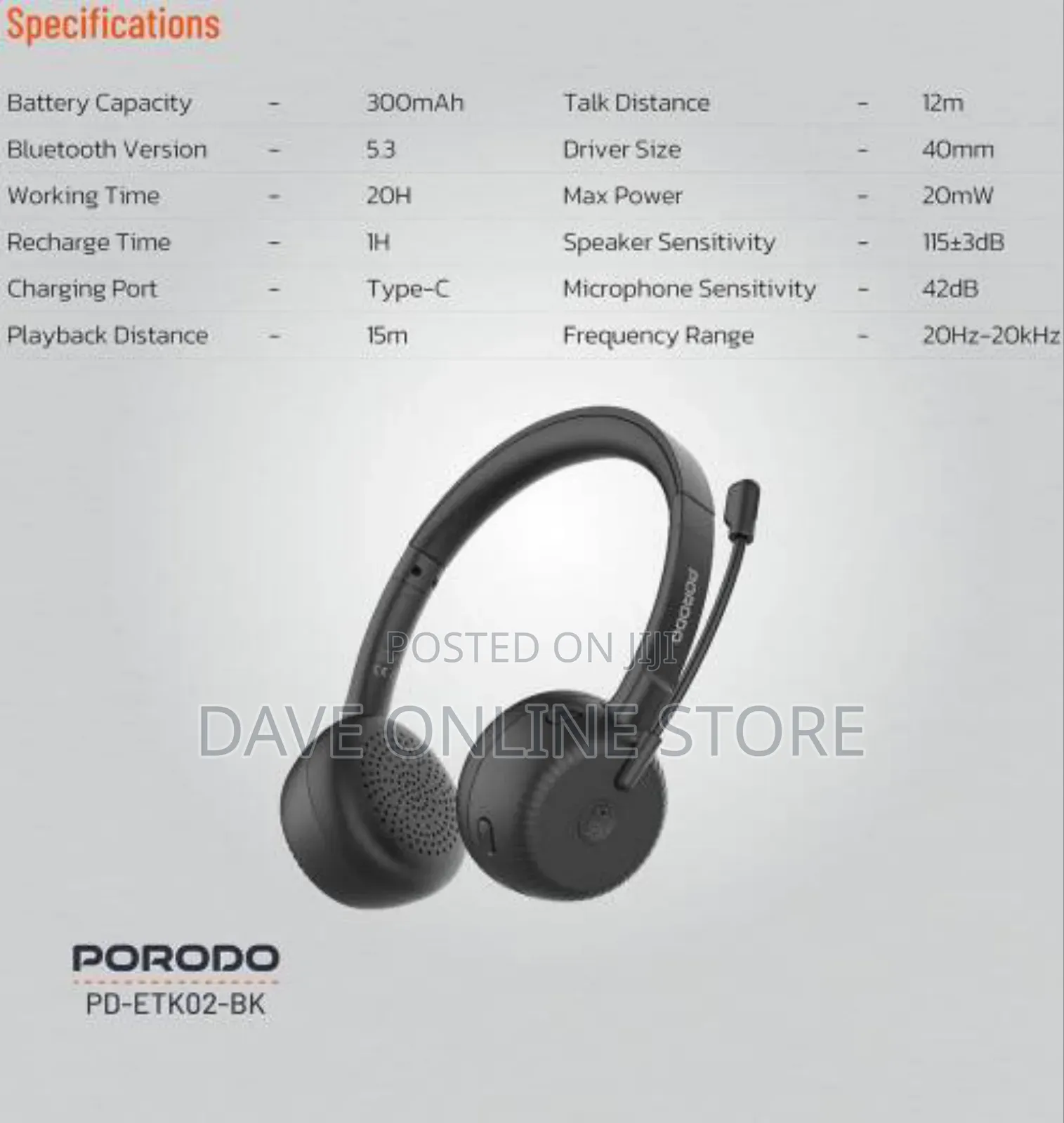 Porodo Office Wireless Headset, 20mw Max Power- Black