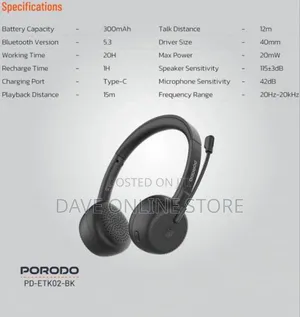 Porodo Office Wireless Headset, 20mw Max Power- Black