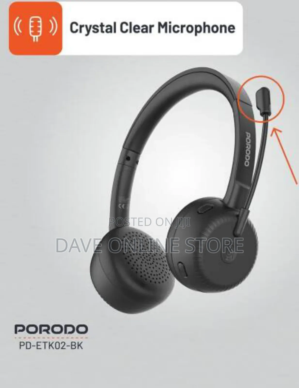 Porodo Office Wireless Headset, 20mw Max Power- Black