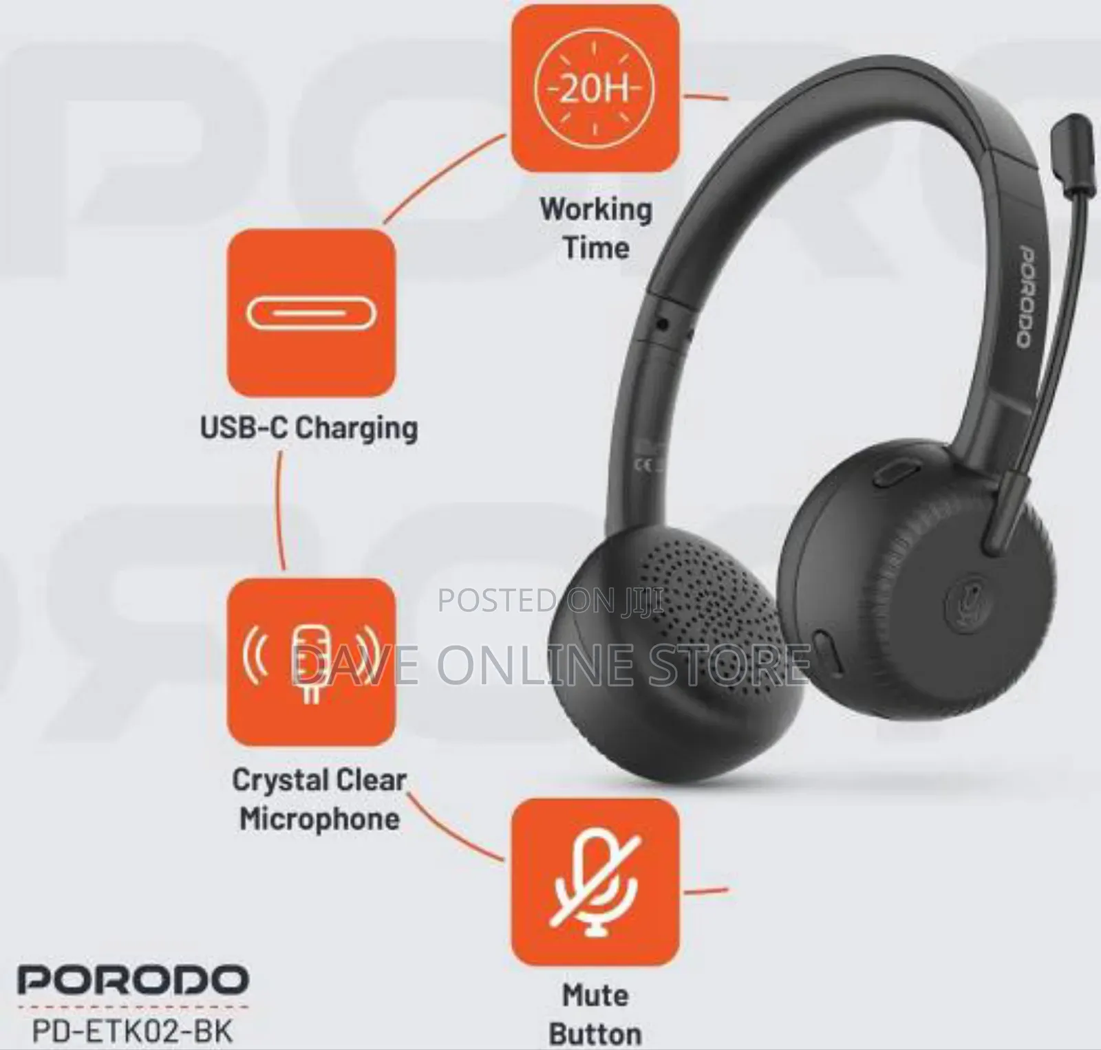 Porodo Office Wireless Headset, 20mw Max Power- Black