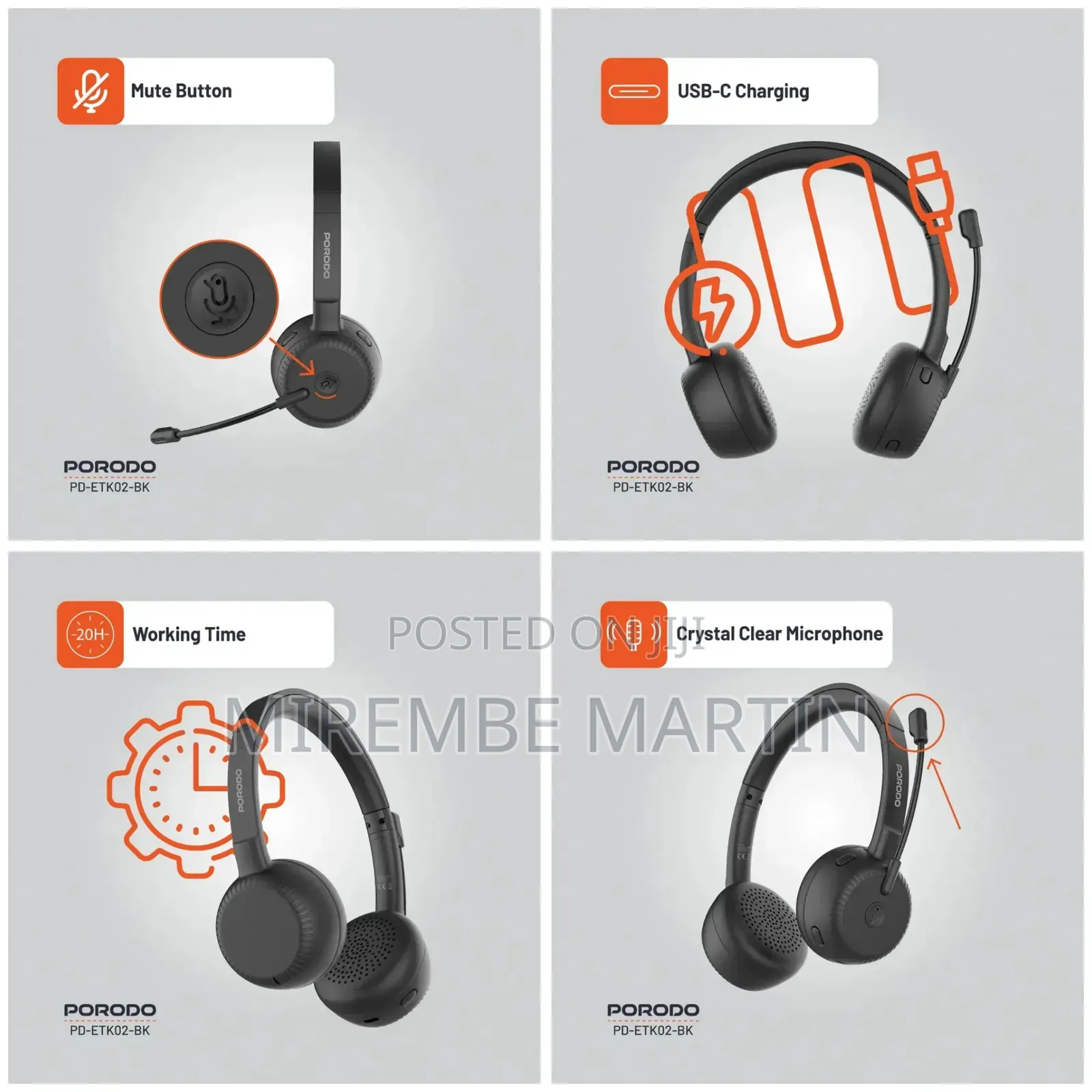 Porodo Office Wireless Headset - Black Sku: Pd-Etk02-Bk