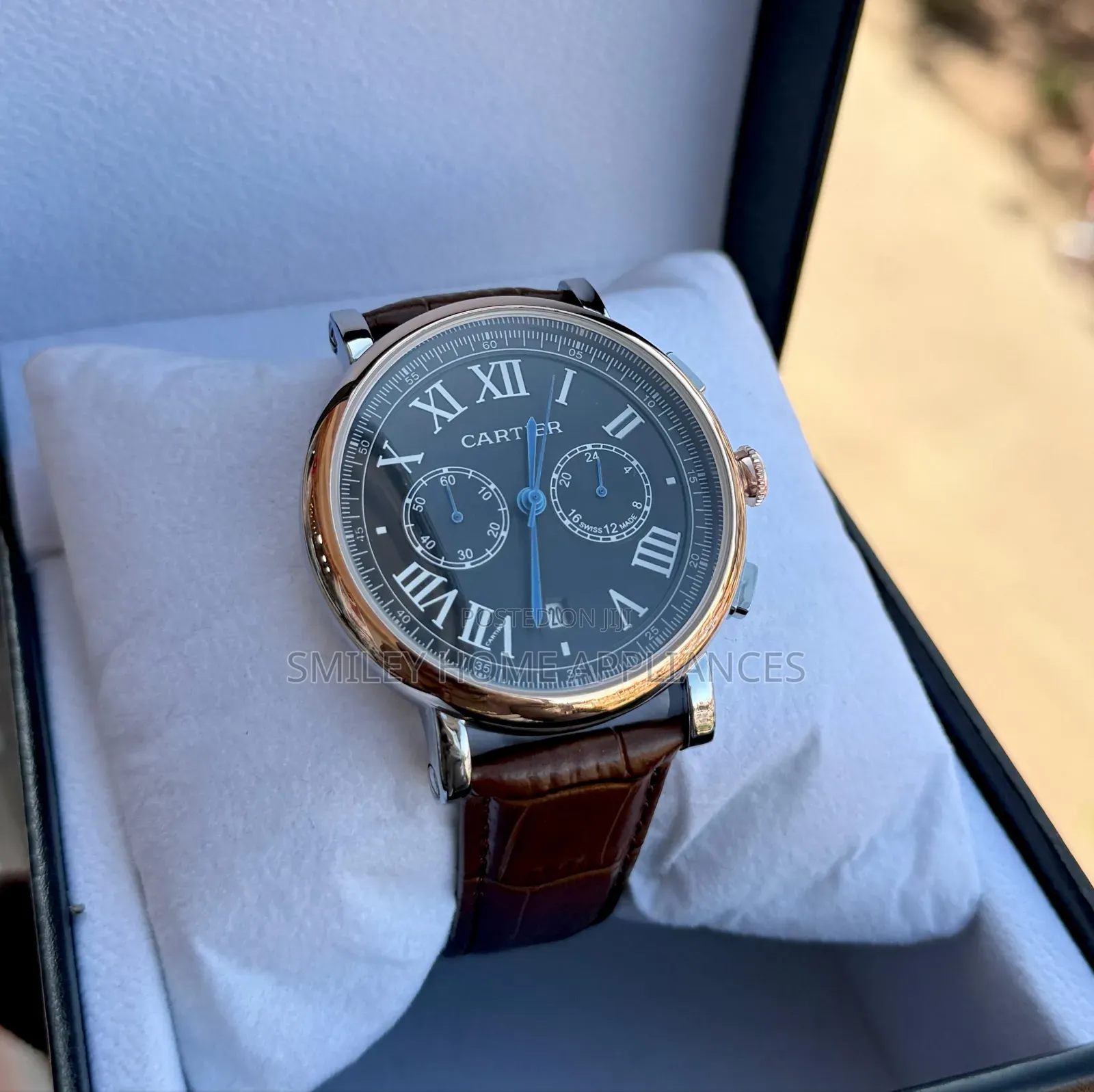 Coffee Brown Leather Strapped Men's Cartier Wrist Watch