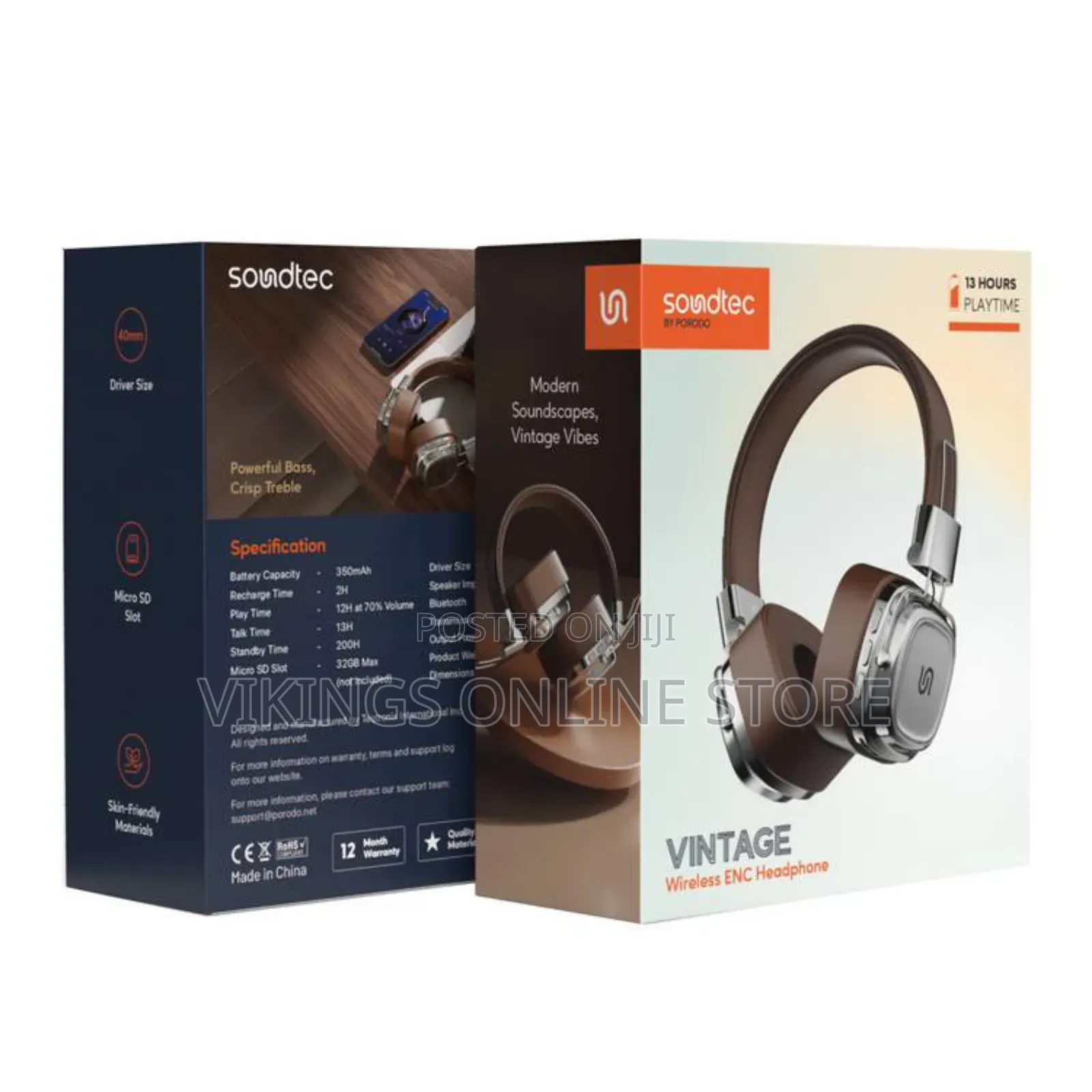 Porodo Soundtec Vintage Wireless Enc Headphones - Brown