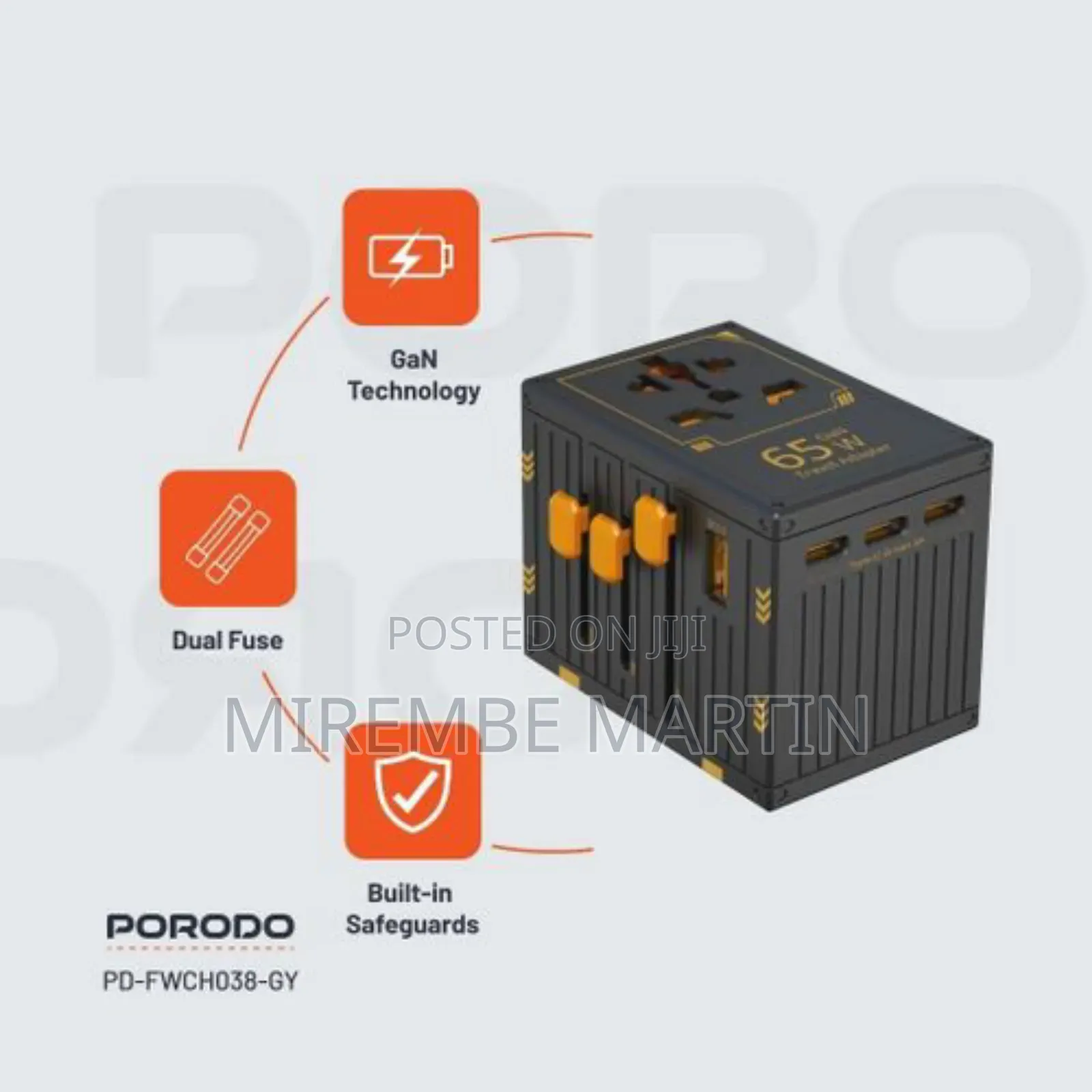 Porodo Gan 5-Port Travel Block Universal Charger,(Black)