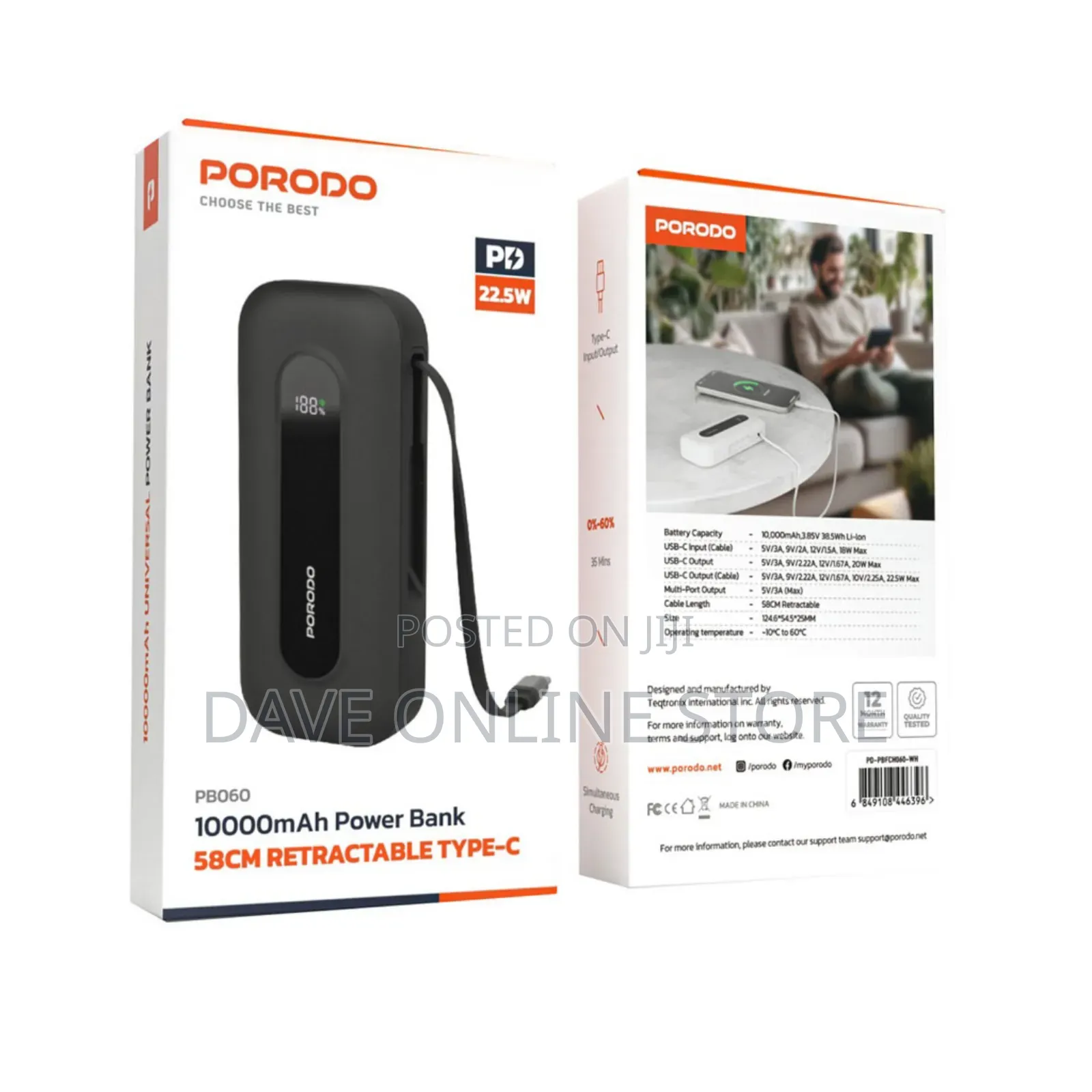 Porodo 10000mah Power Bank 58cm Retractable Type-C