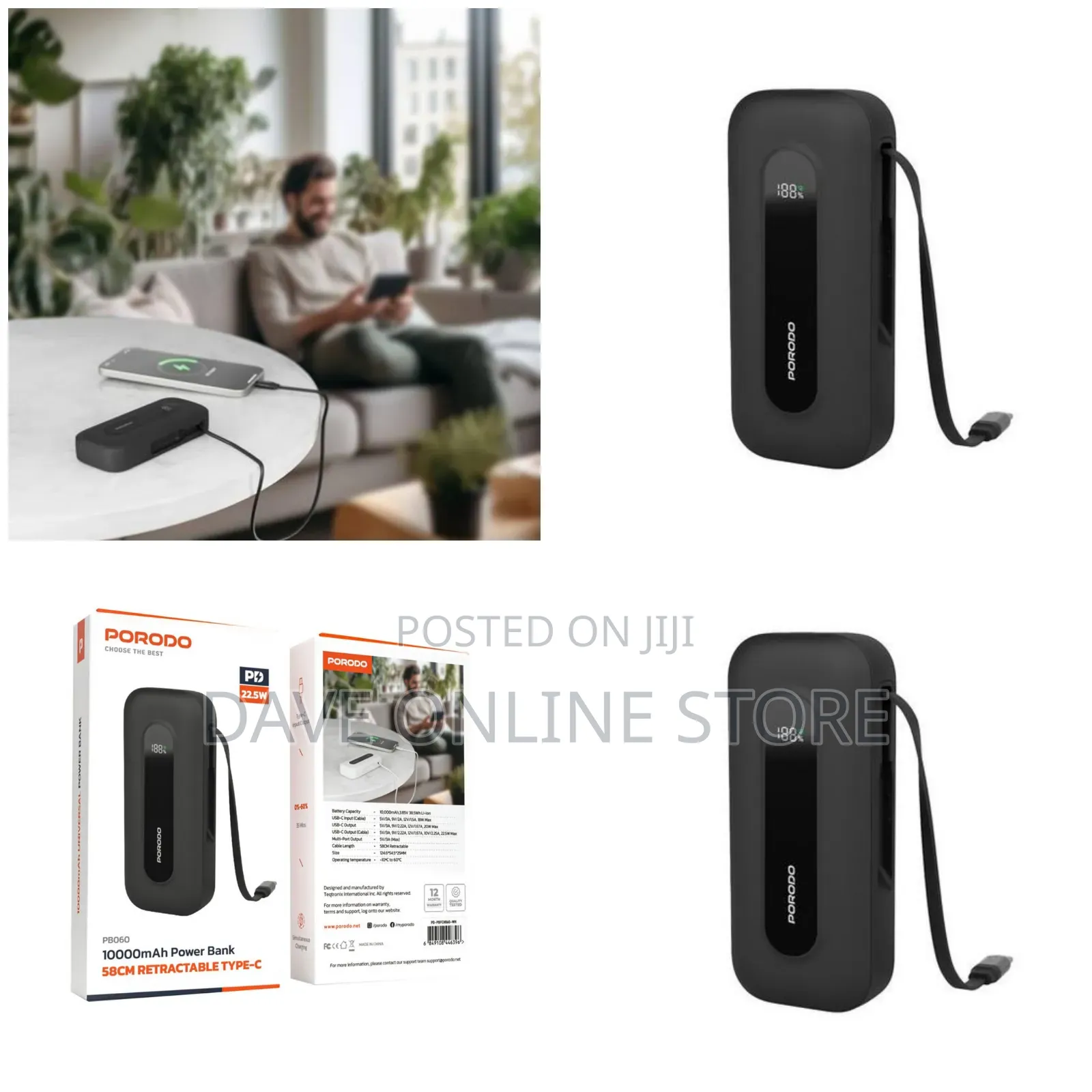 Porodo 10000mah Power Bank 58cm Retractable Type-C