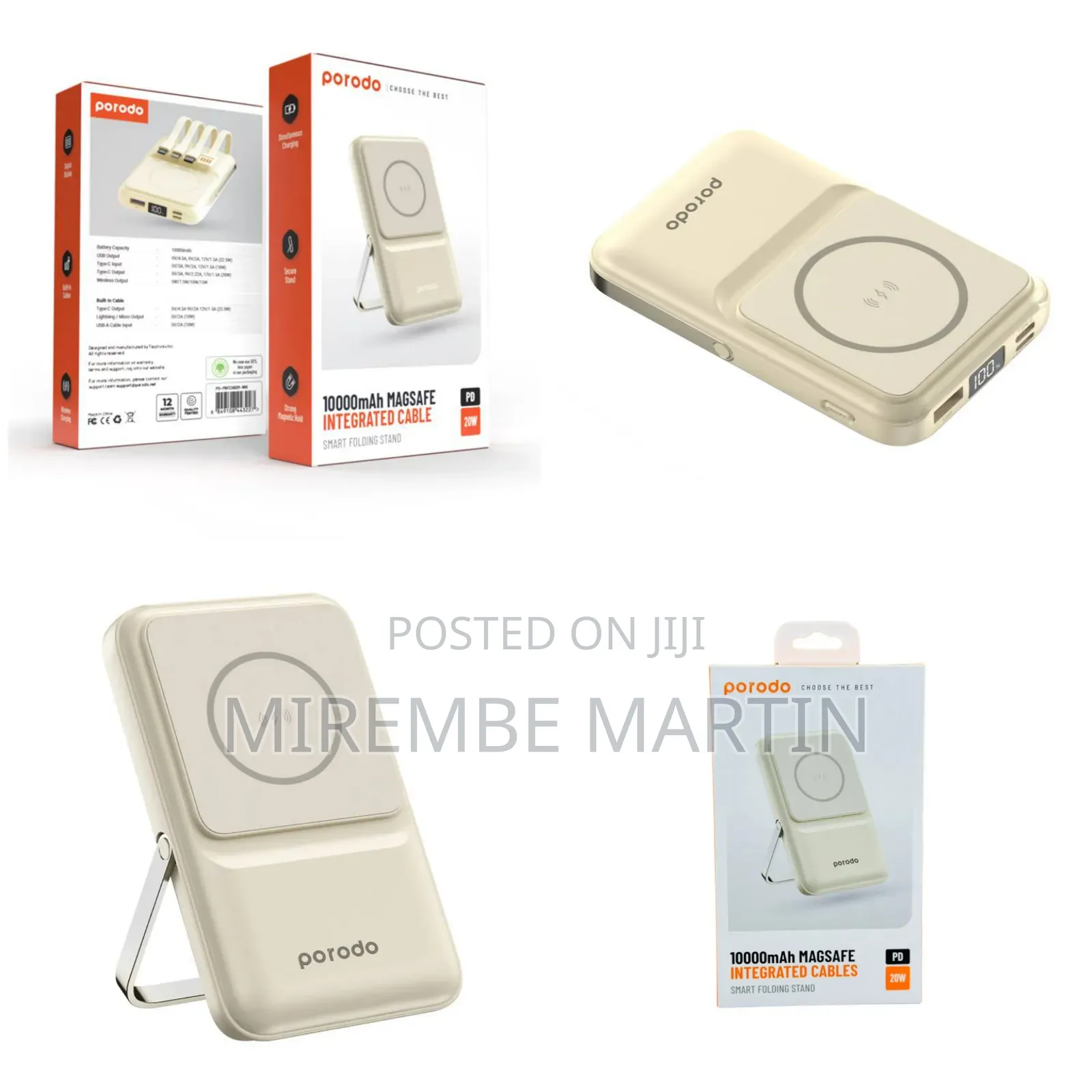 Porodo 10000 Power Bank, Strong Magnetic Hold - Beige
