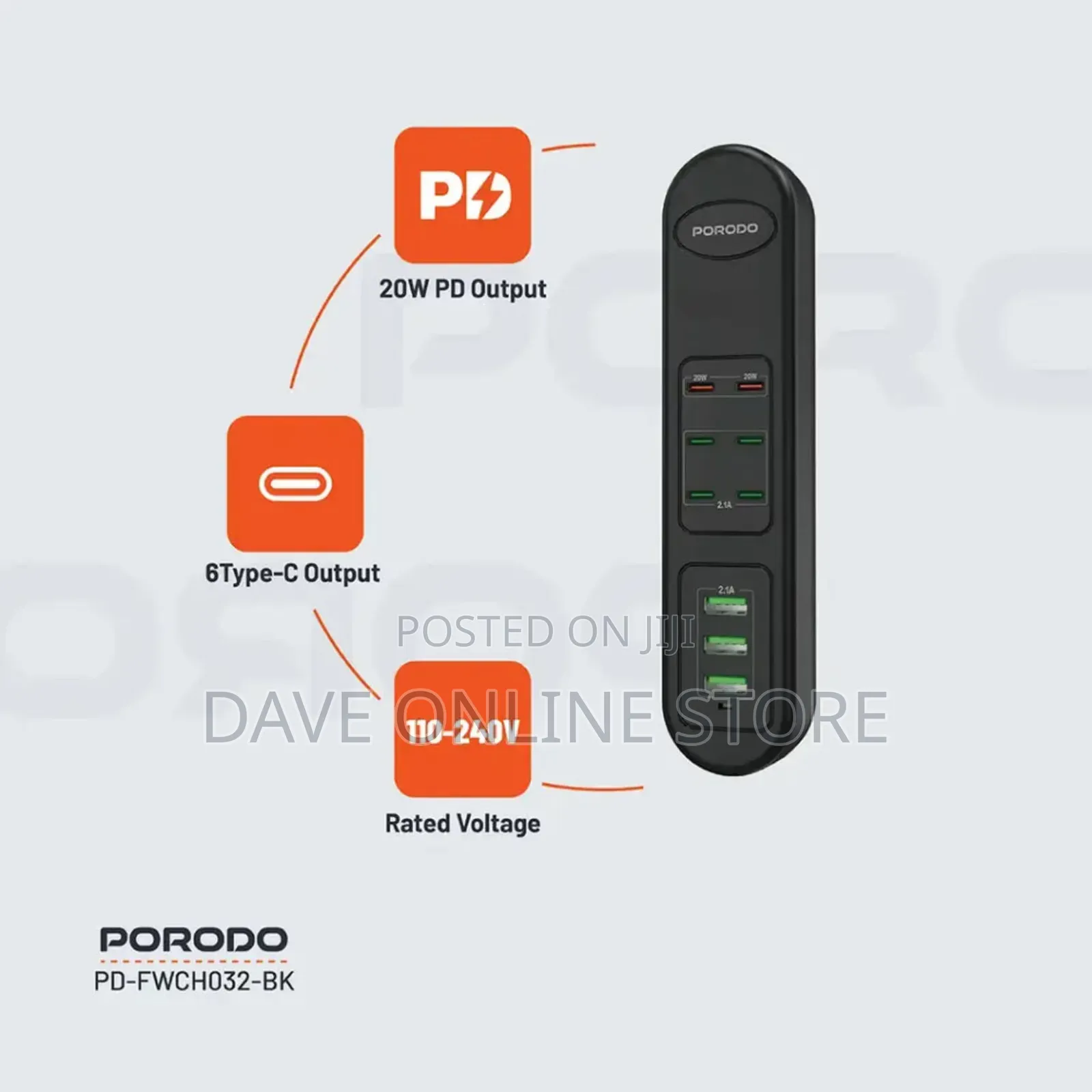 Porodo 50w Multi-Port Usb Charging Hub 6 Port Usb-C - Black