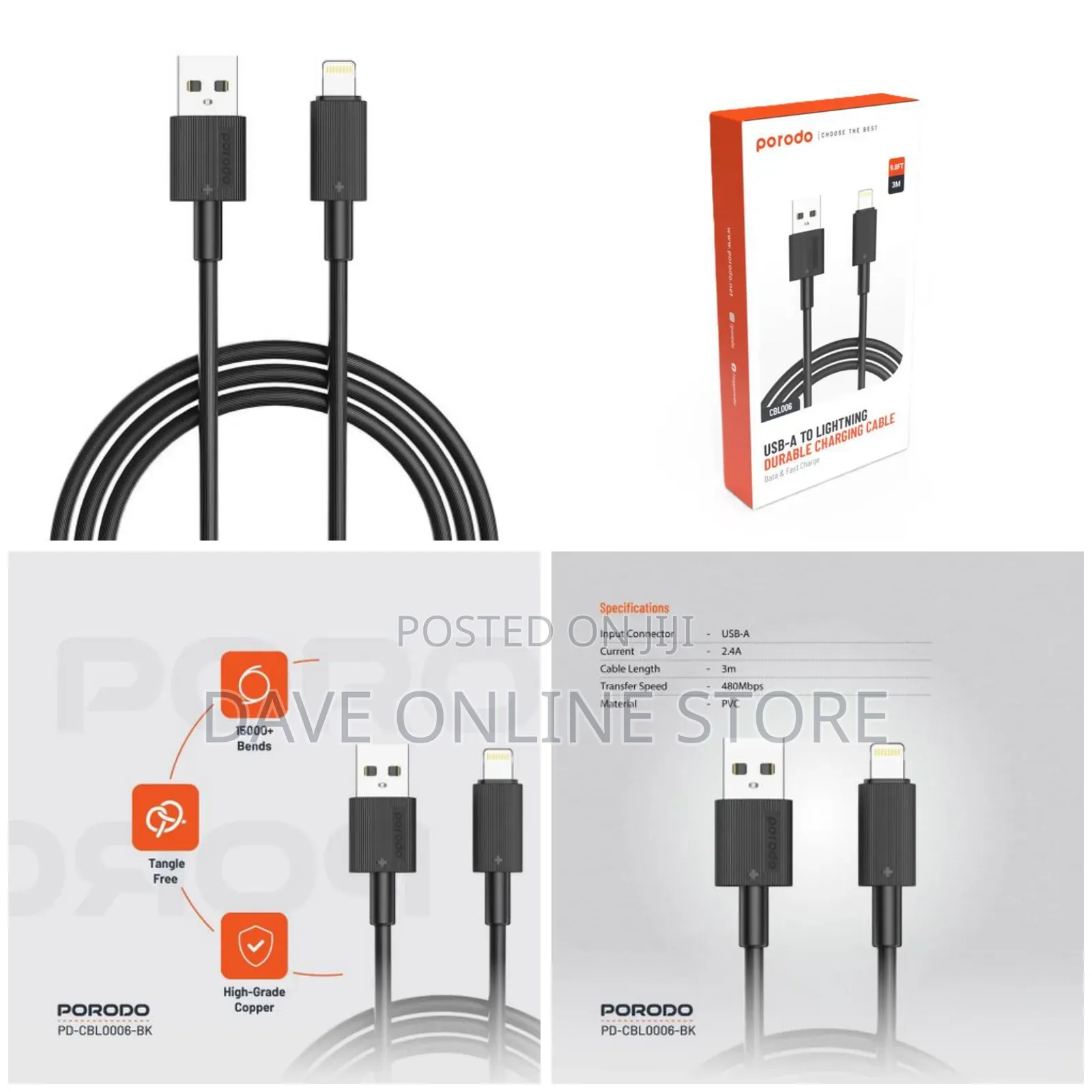 Porodo Usb a to Lightning PVC Cable 3m, Pd-Cbl0006-Bk