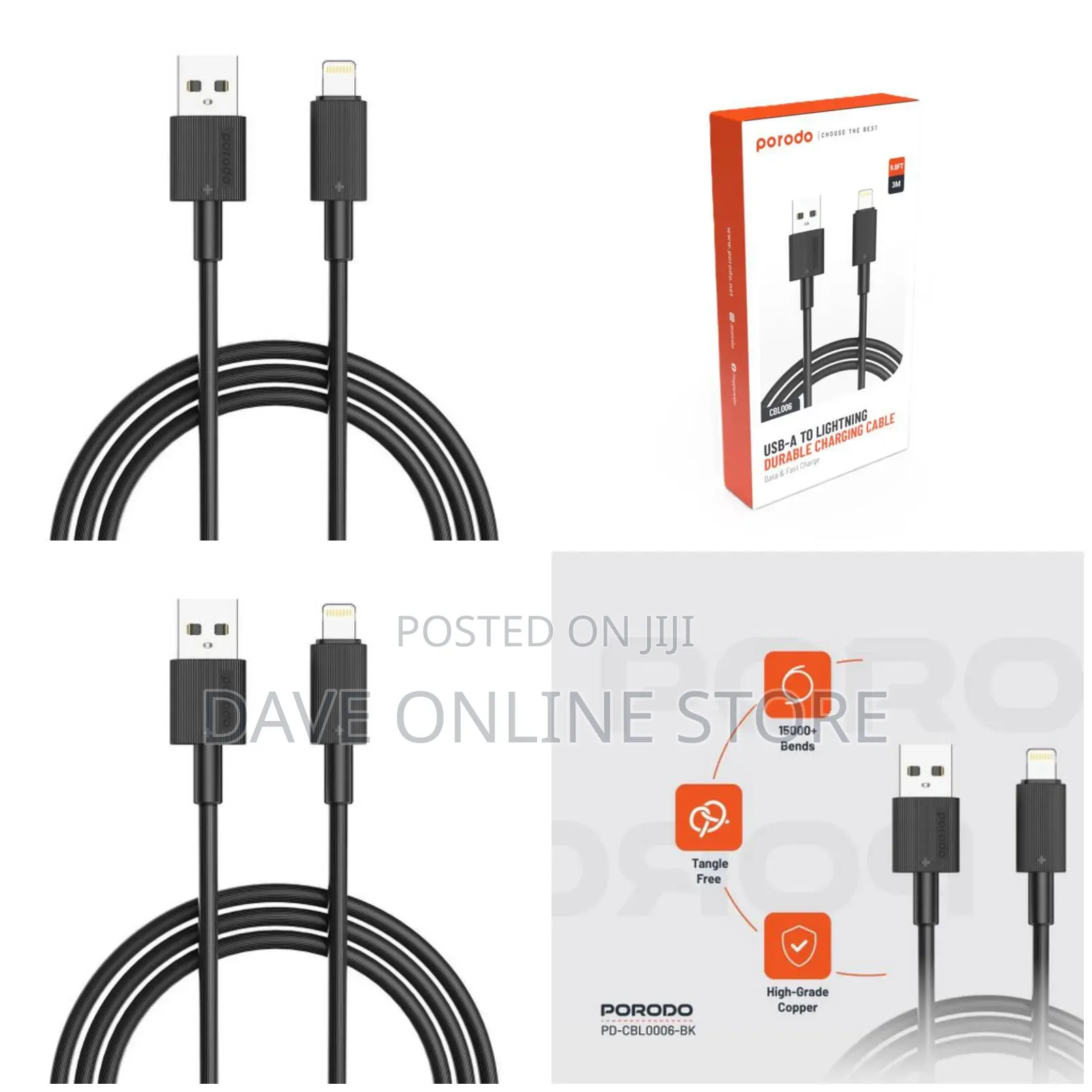 Porodo Usb a to Lightning PVC Cable 3m, Pd-Cbl0006-Bk