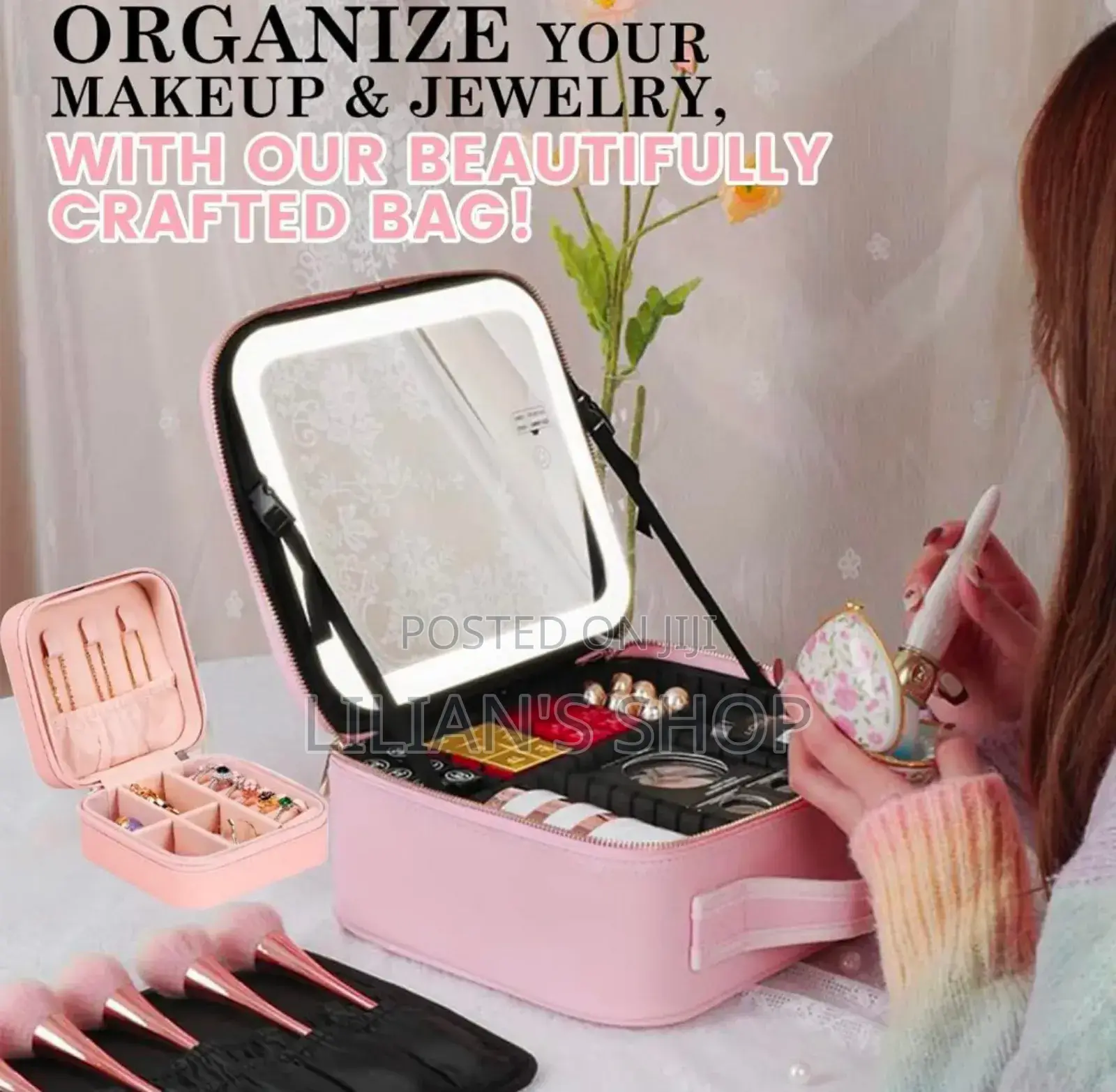 Travel Make Up Organiser Bag With Led Light Vanity Mirror