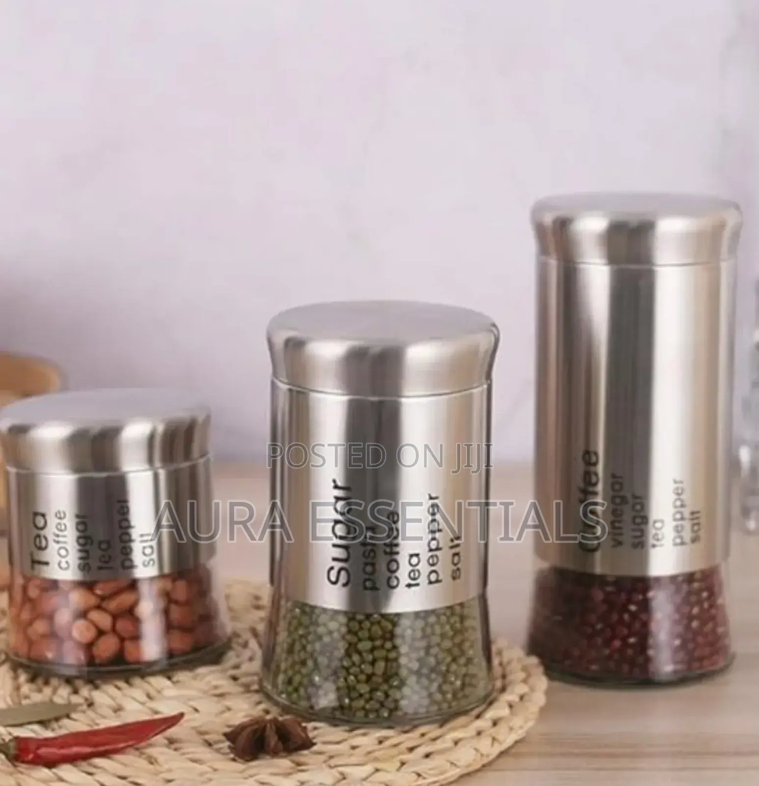 Spice Jars Set of 3, Metal Glass Salt Sugar Spice Jars