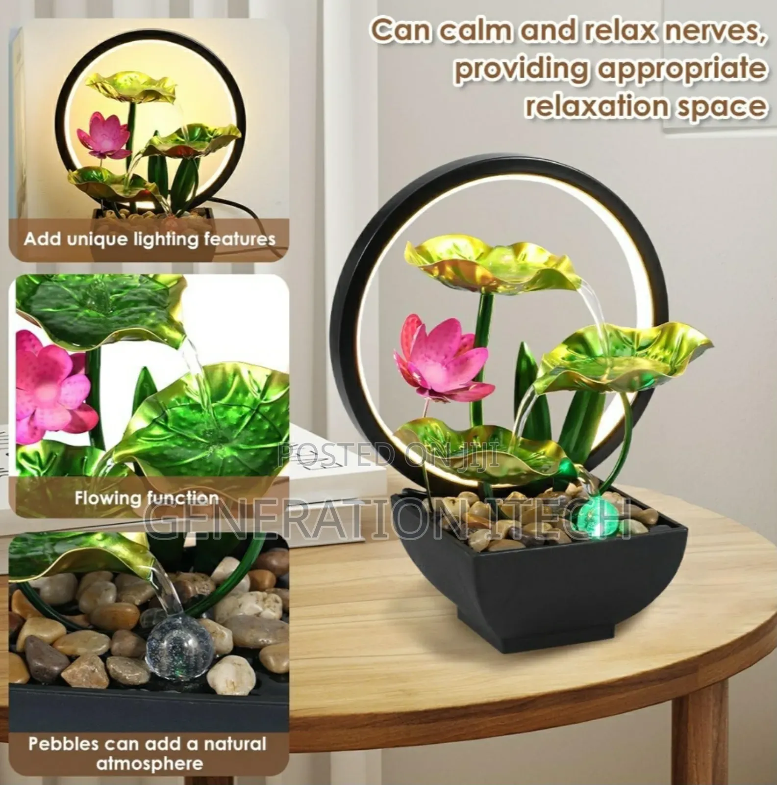 Tabletop Fountain With Rocks, Led Ring Lights, 3-Waterfall
